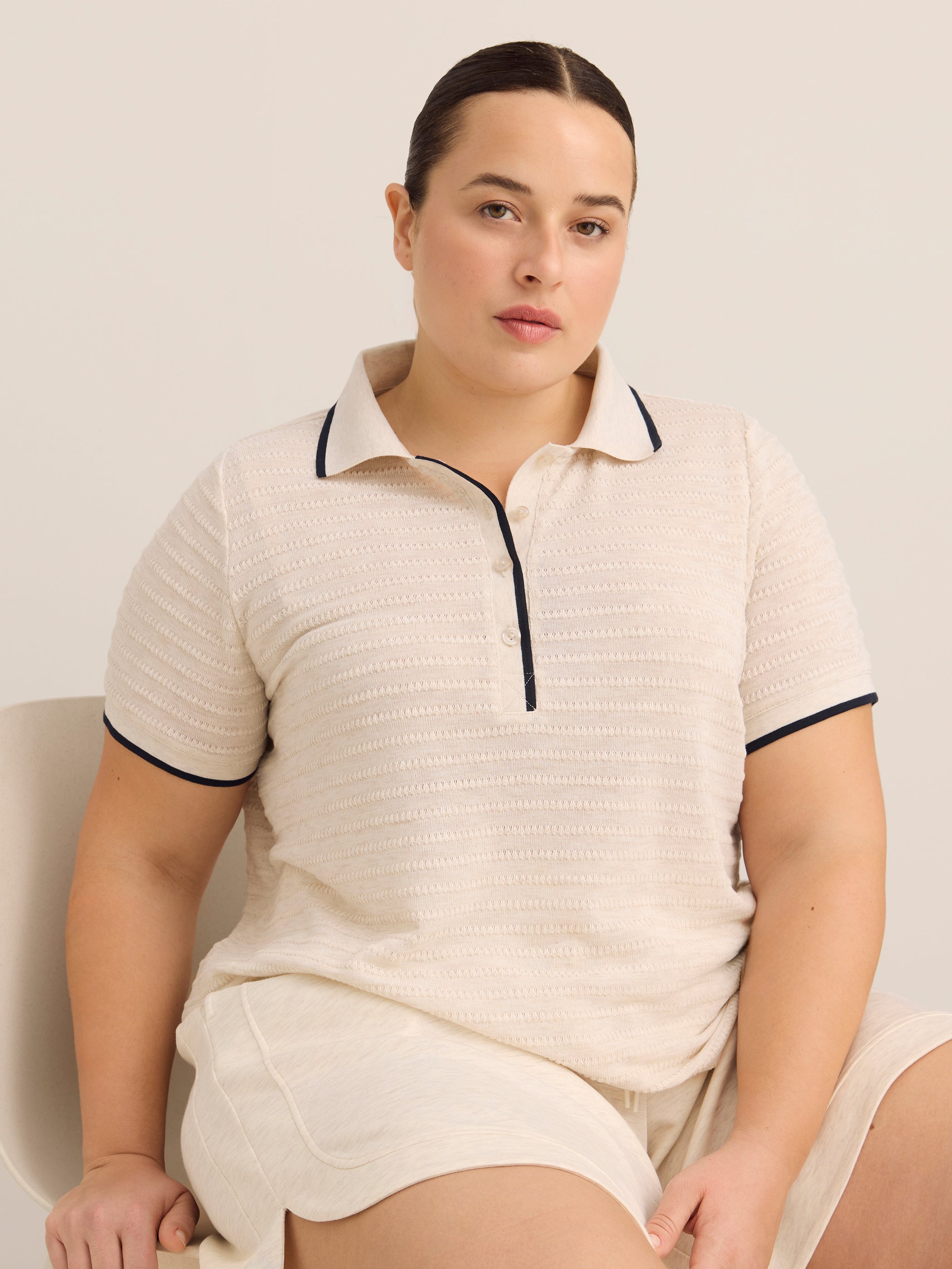 Active Zone Plus Size Crochet Knit Polo Short Sleeve Women's Shirt