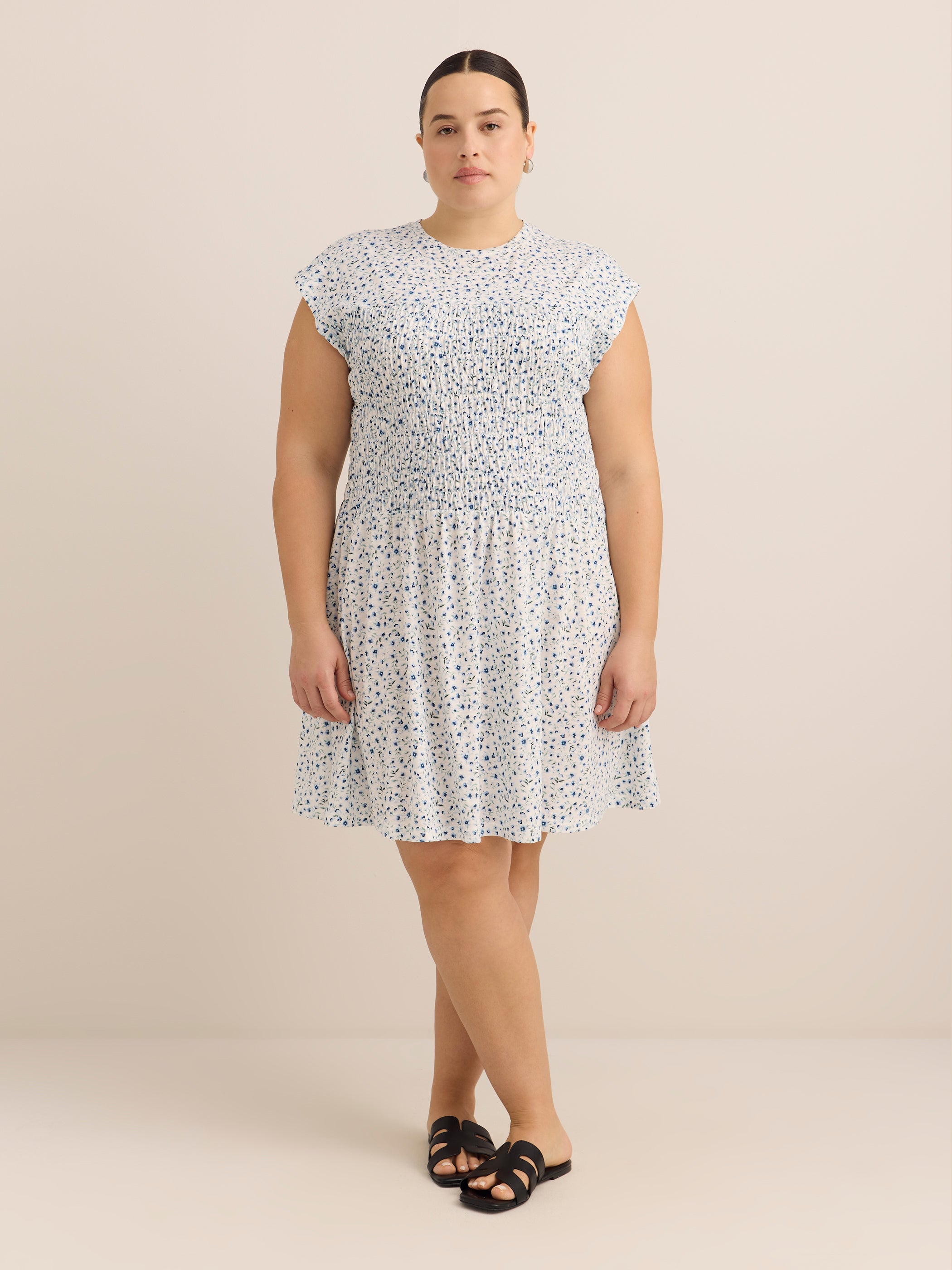 Plus Size Sleeveless Smocked Crew-Neck Short Dress for Women Penningtons Plus Size Sleeveless Smocked Crew-Neck Short Dress for Women Penningtons