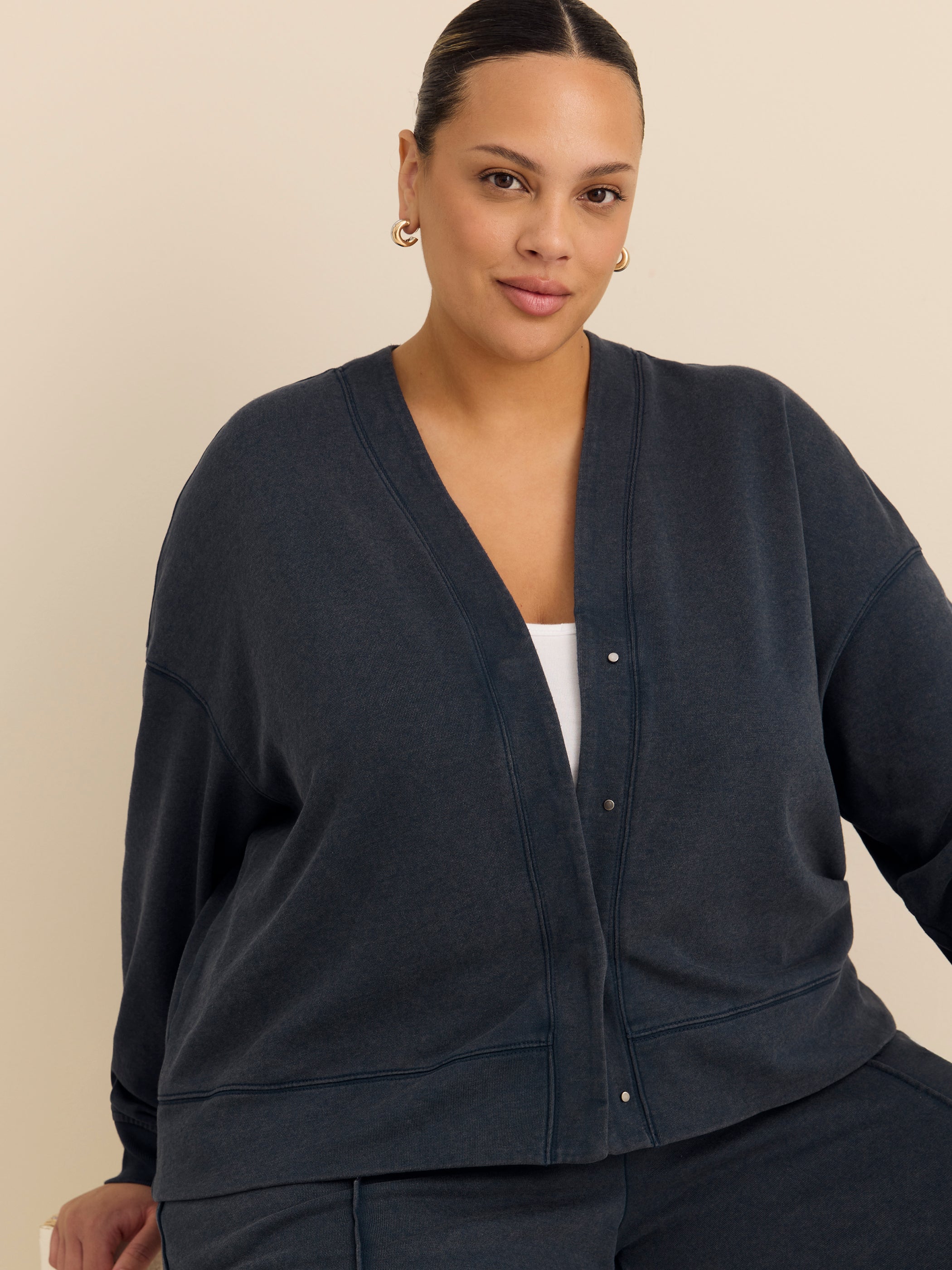 Active Zone French Terry Cardigan Plus Size with Wash Effect