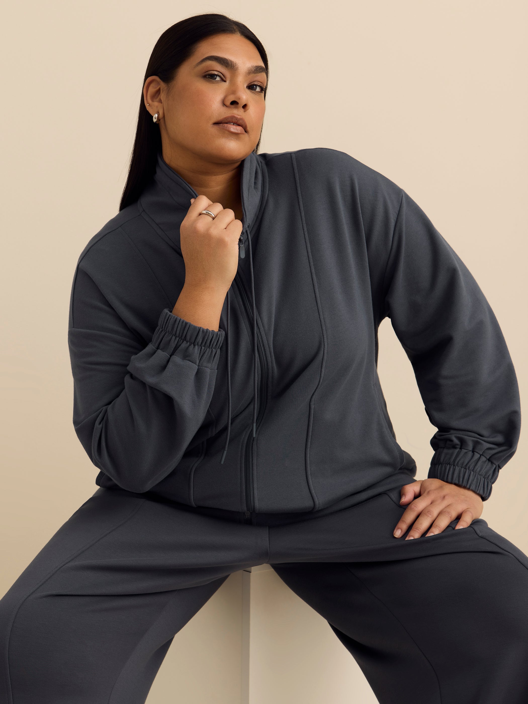 Active Zone Plus Size Mock Neck Zipped Jacket French Terry Women's
