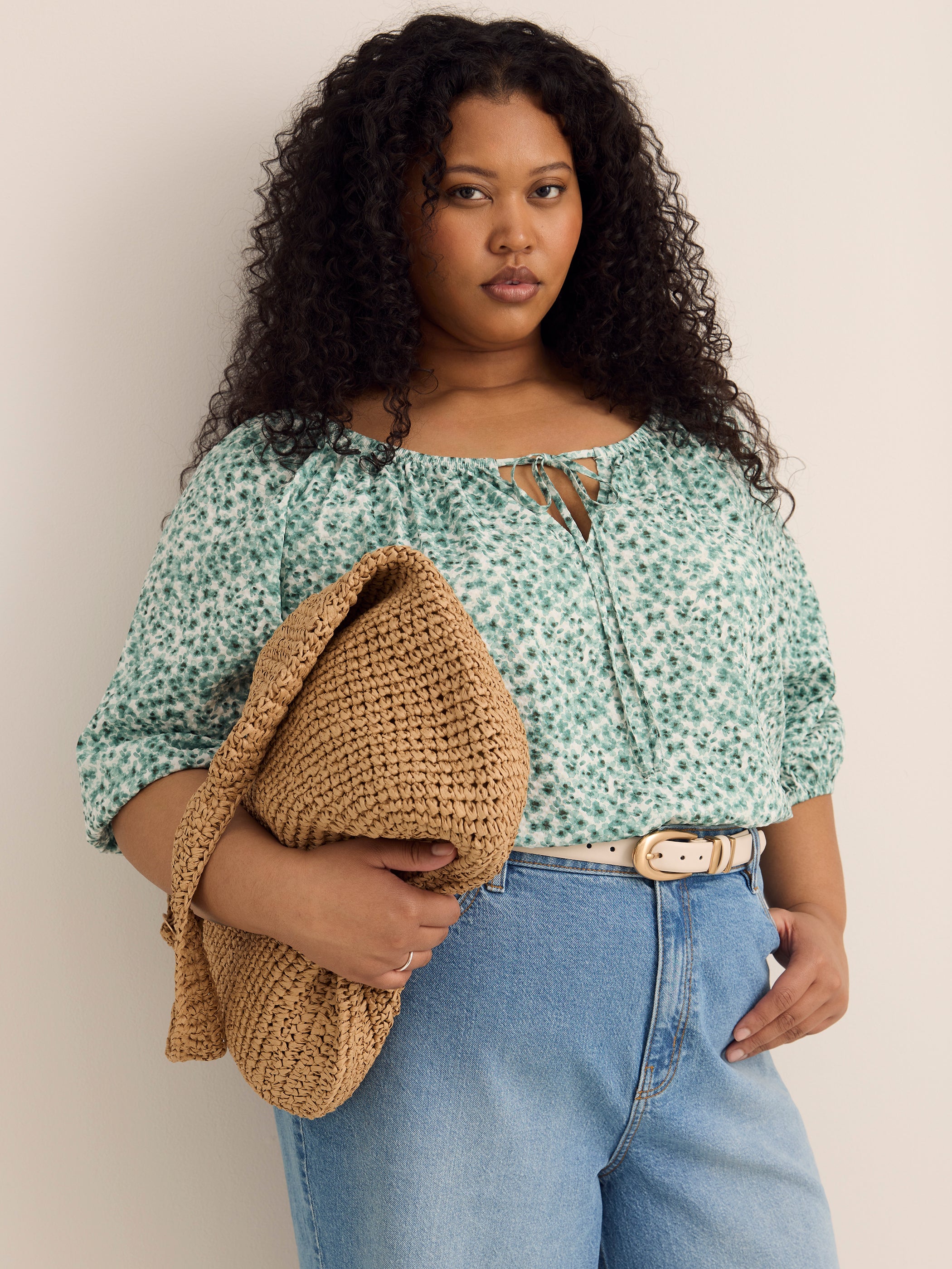 Brand plus size scoop neck slight A-line blouse with shirring