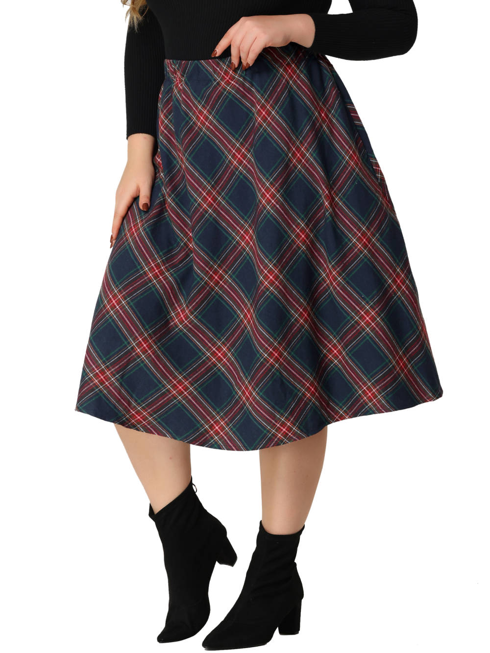 Agnes Orinda - Vintage A-line Plaid Flare Midi Skirts