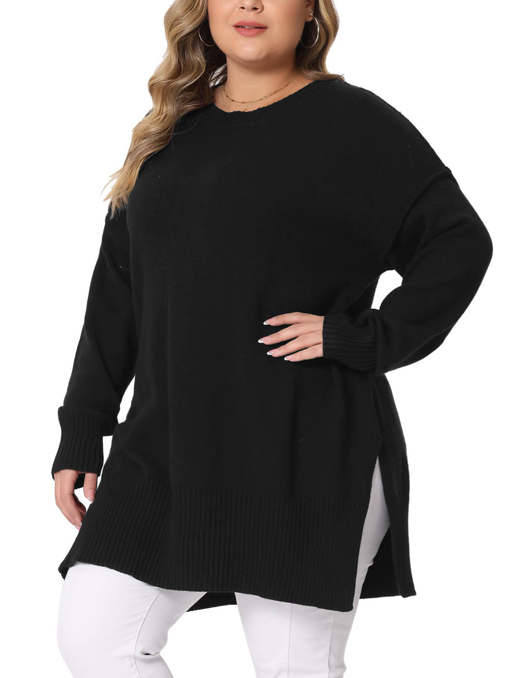 Agnes Orinda - Oversized Crew Neck Slit hem Knit Pullover Sweater