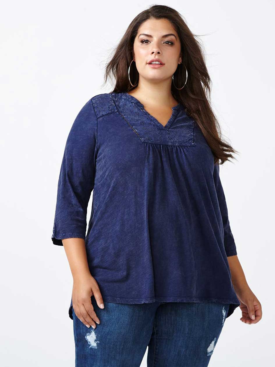 d/c JEANS 3/4 Sleeve Split Neck Cotton Top d/c JEANS 3/4 Sleeve Split Neck Cotton Top