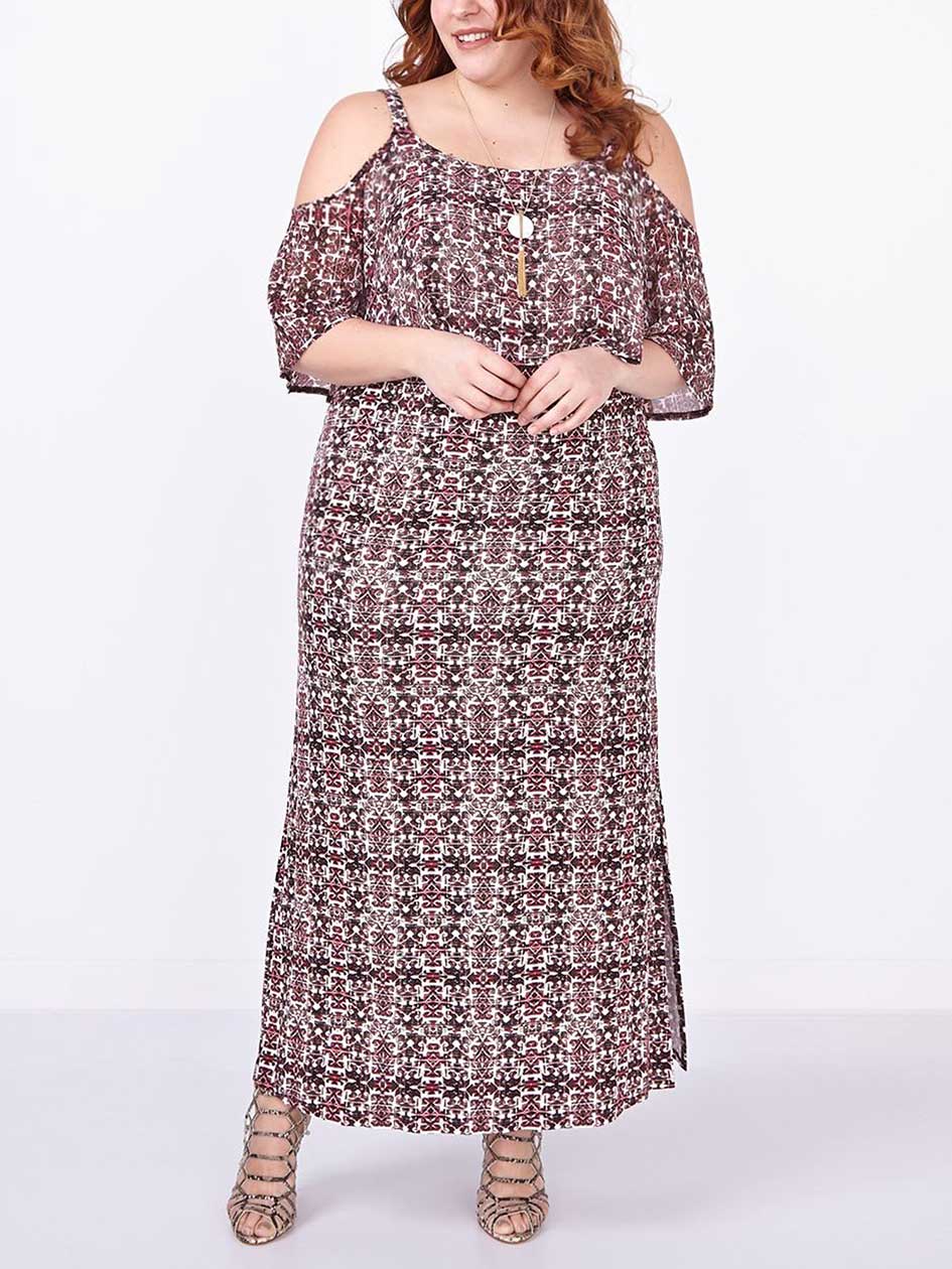 Elbow Sleeve Cold Shoulder Printed Maxi Dress Elbow Sleeve Cold Shoulder Printed Maxi Dress