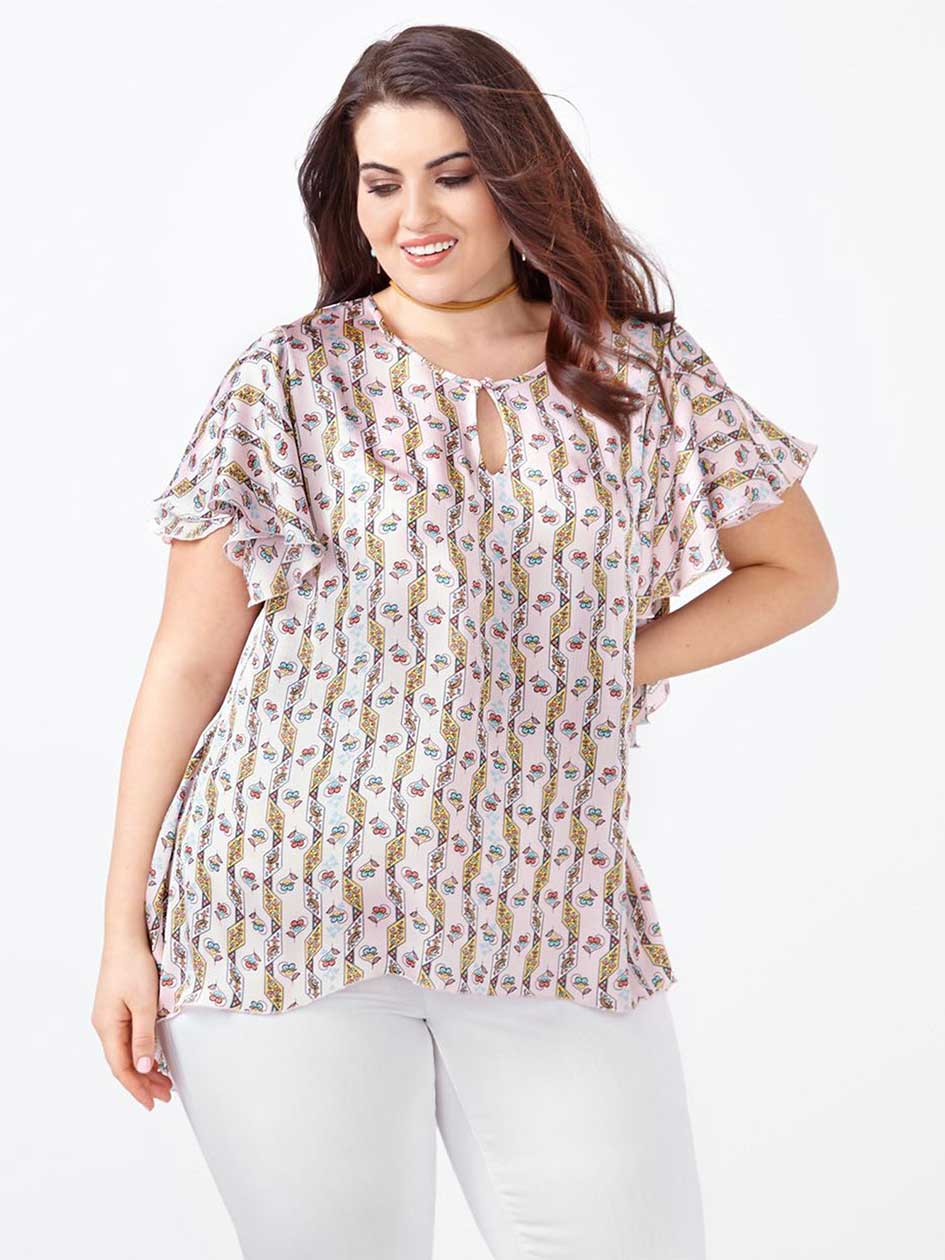 MELISSA McCARTHY Flutter Sleeve Printed Blouse.Ribbons.X MELISSA McCARTHY Flutter Sleeve Printed Blouse.Ribbons.X