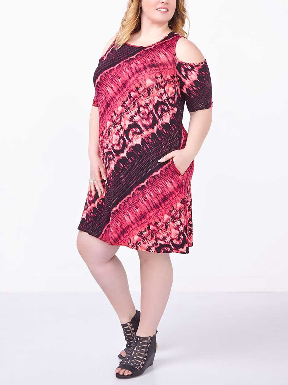 Short Sleeve Cold Shoulder Printed Swing Dress Short Sleeve Cold Shoulder Printed Swing Dress