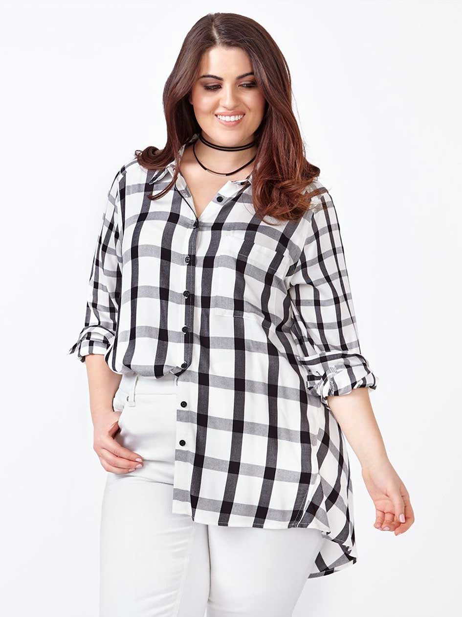 MELISSA McCARTHY Long Sleeve Plaid Blouse.Ecru / Black.X MELISSA McCARTHY Long Sleeve Plaid Blouse.Ecru / Black.X