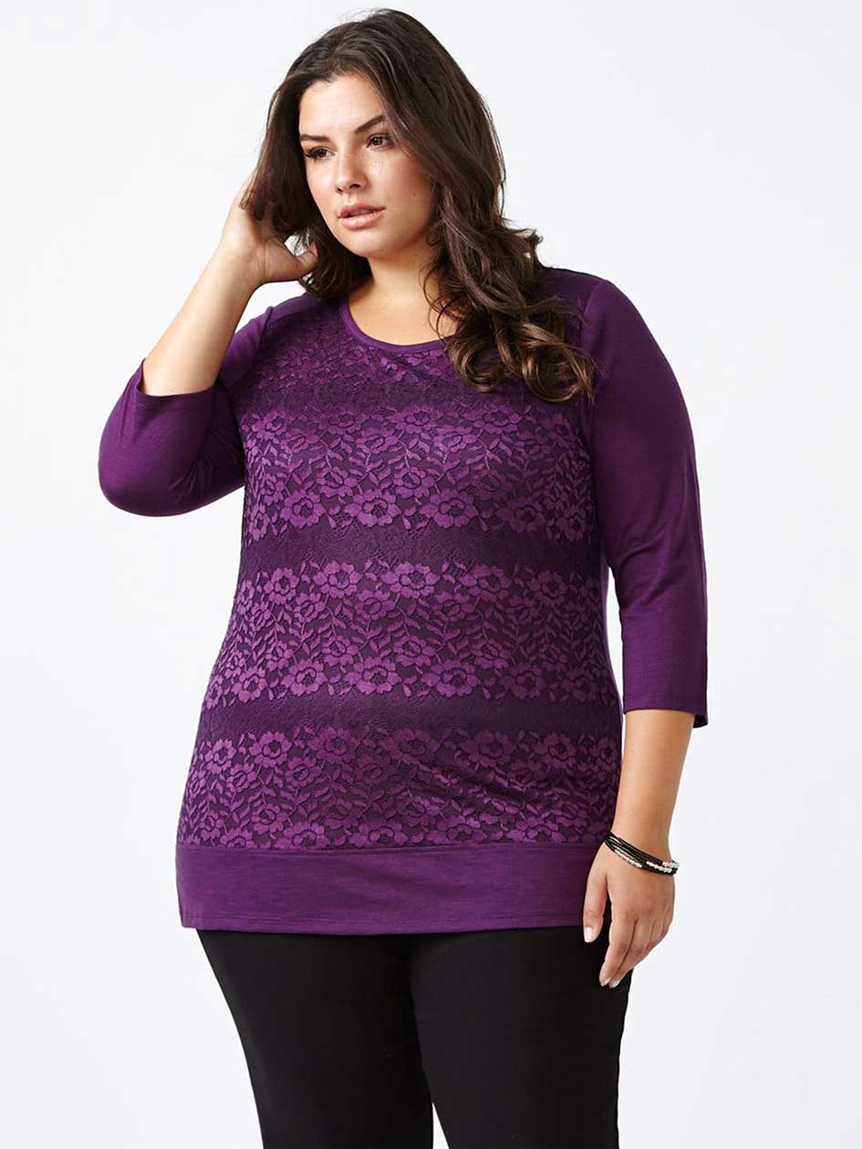 Curve Fit 3/4 Sleeve Lace Front T-Shirt Curve Fit 3/4 Sleeve Lace Front T-Shirt