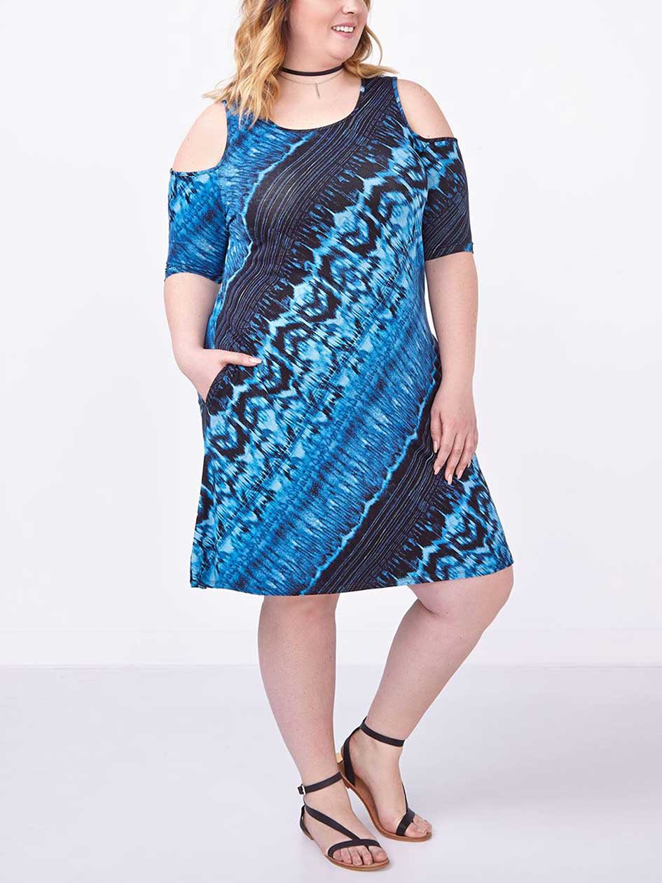 Short Sleeve Cold Shoulder Printed Swing Dress Short Sleeve Cold Shoulder Printed Swing Dress