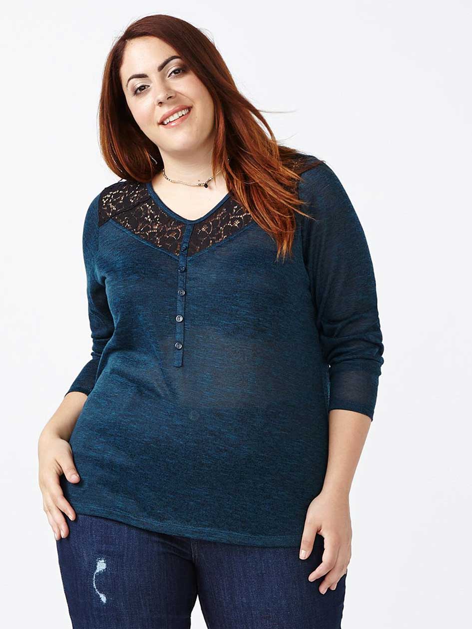 Curve Fit Long Sleeve T-Shirt with Lace Curve Fit Long Sleeve T-Shirt with Lace
