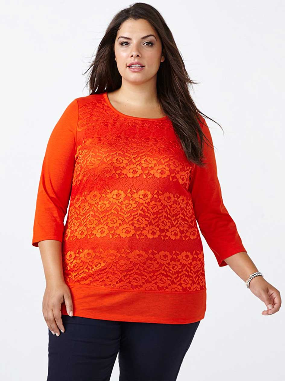 Curve Fit 3/4 Sleeve Lace Front T-Shirt Curve Fit 3/4 Sleeve Lace Front T-Shirt