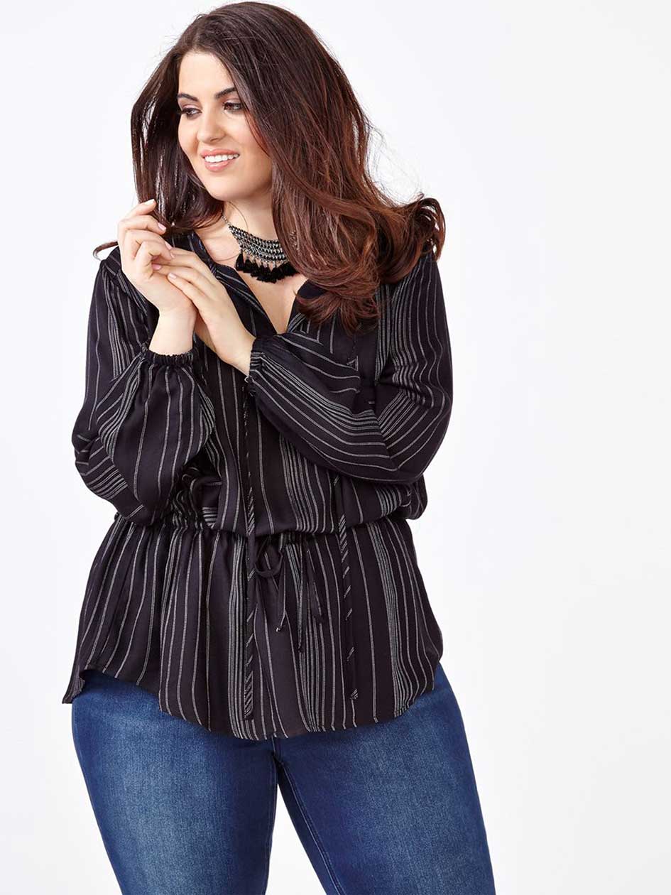MELISSA McCARTHY Long Sleeve Striped Blouse.Black.X MELISSA McCARTHY Long Sleeve Striped Blouse.Black.X