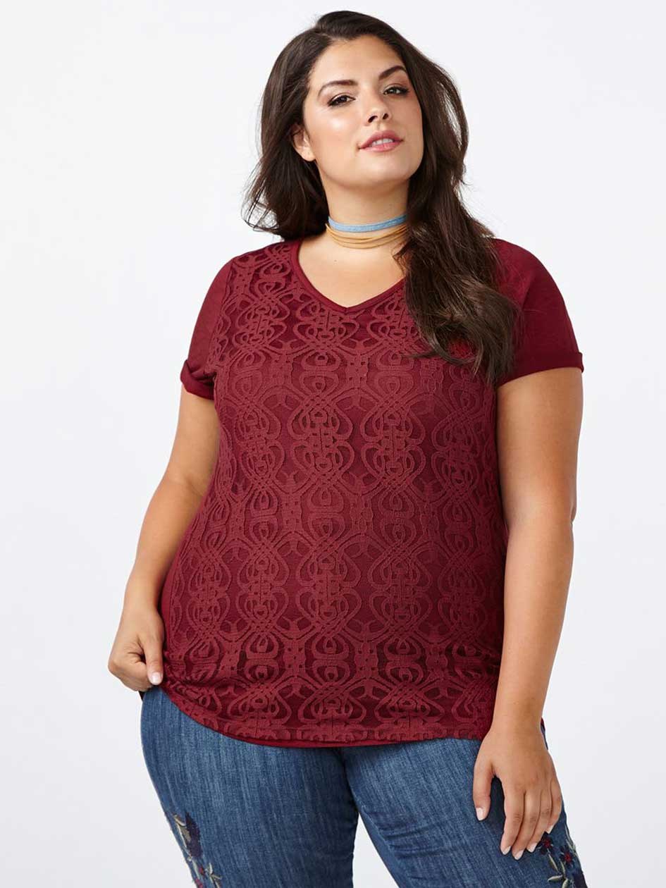 Curve Fit Lace Front V-Neck T-Shirt Curve Fit Lace Front V-Neck T-Shirt