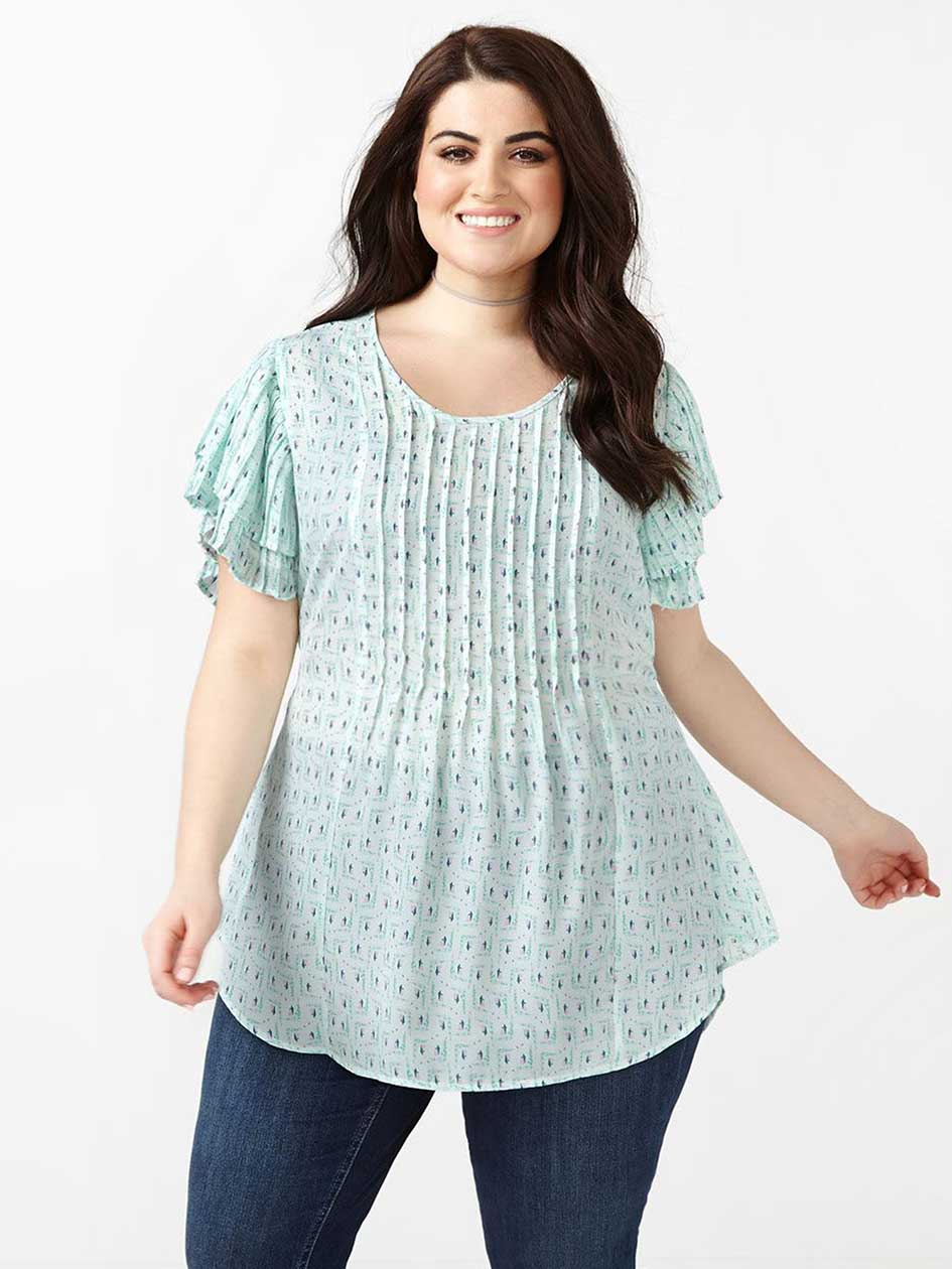 MELISSA McCARTHY Short Sleeve Printed Pintuck Top MELISSA McCARTHY Short Sleeve Printed Pintuck Top