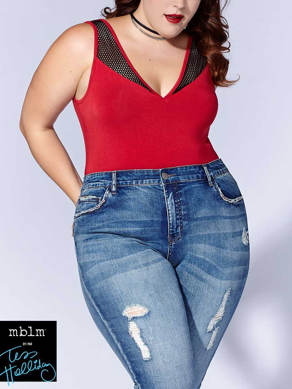 Tess Holliday - Mesh Trim Sleeveless Bodysuit Tess Holliday - Mesh Trim Sleeveless Bodysuit