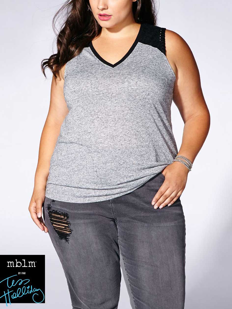 Tess Holliday - Sleeveless Faux-Suede Trim T-Shirt Tess Holliday - Sleeveless Faux-Suede Trim T-Shirt