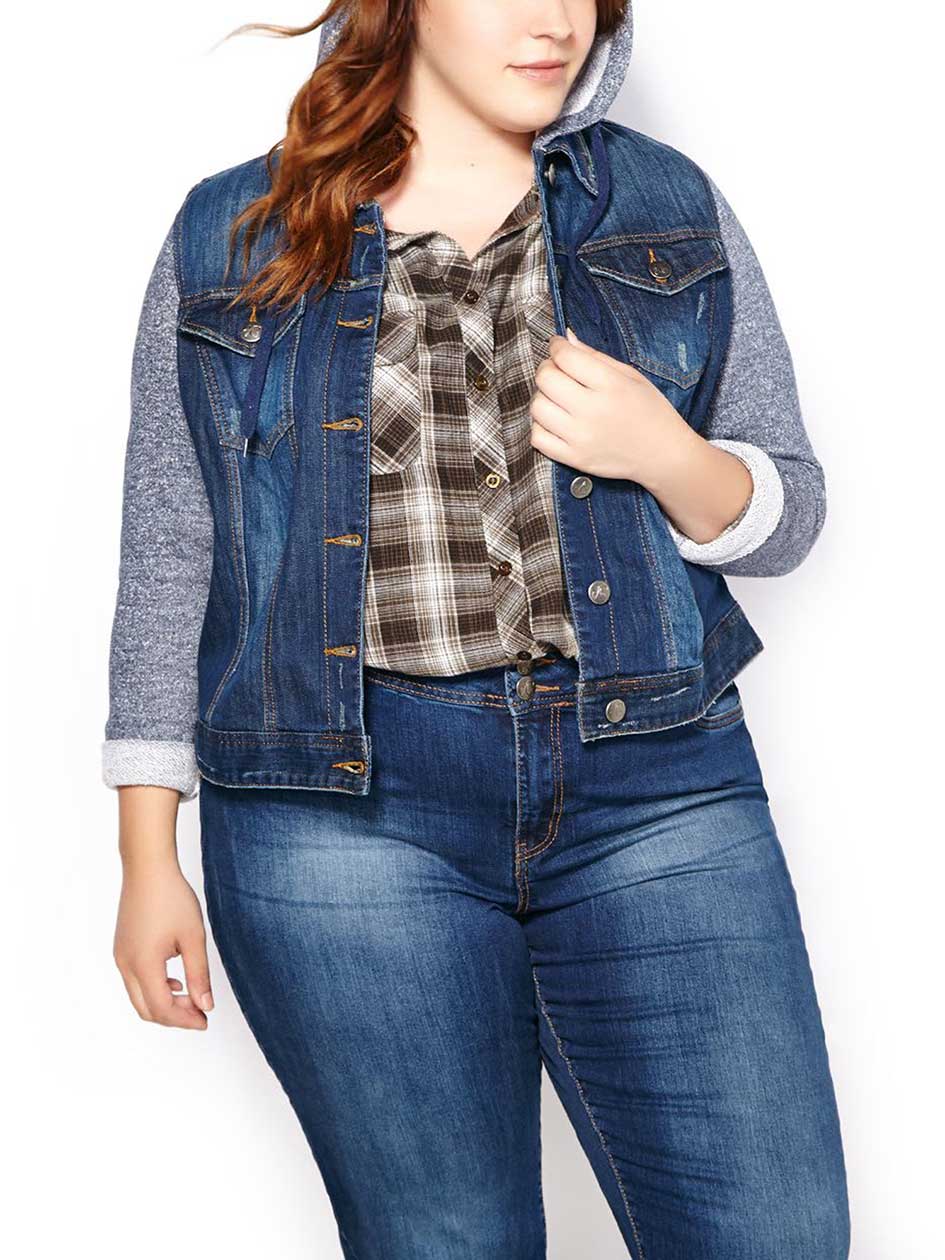 d/c JEANS Hooded Denim Jacket with French Terry Sleeves d/c JEANS Hooded Denim Jacket with French Terry Sleeves