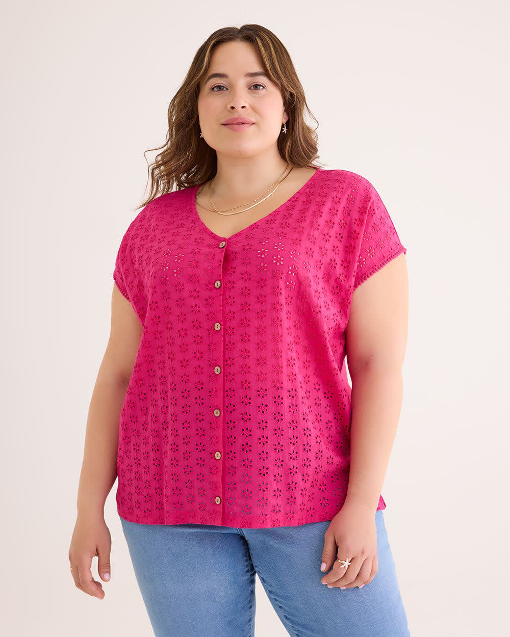 Pink Buttoned-Down Eyelet Knit Top