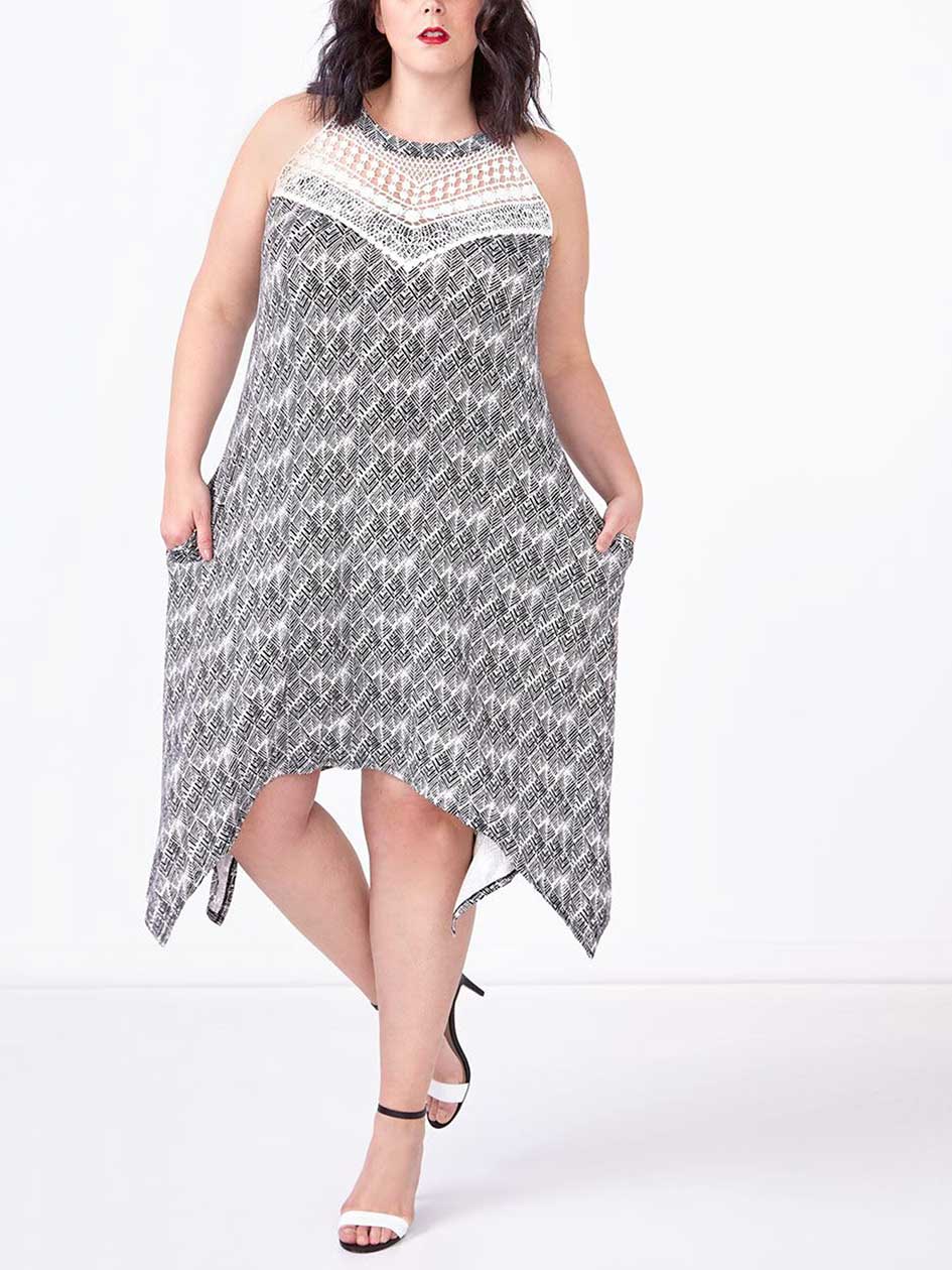 Sleeveless Printed Sharkbite Dress with Crochet Sleeveless Printed Sharkbite Dress with Crochet
