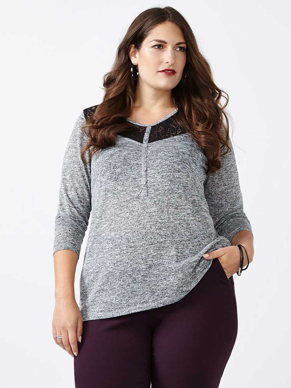 Curve Fit Long Sleeve T-Shirt with Lace Curve Fit Long Sleeve T-Shirt with Lace