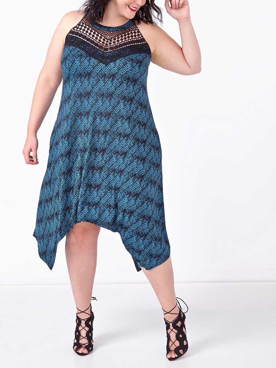 Sleeveless Printed Sharkbite Dress with Crochet Sleeveless Printed Sharkbite Dress with Crochet