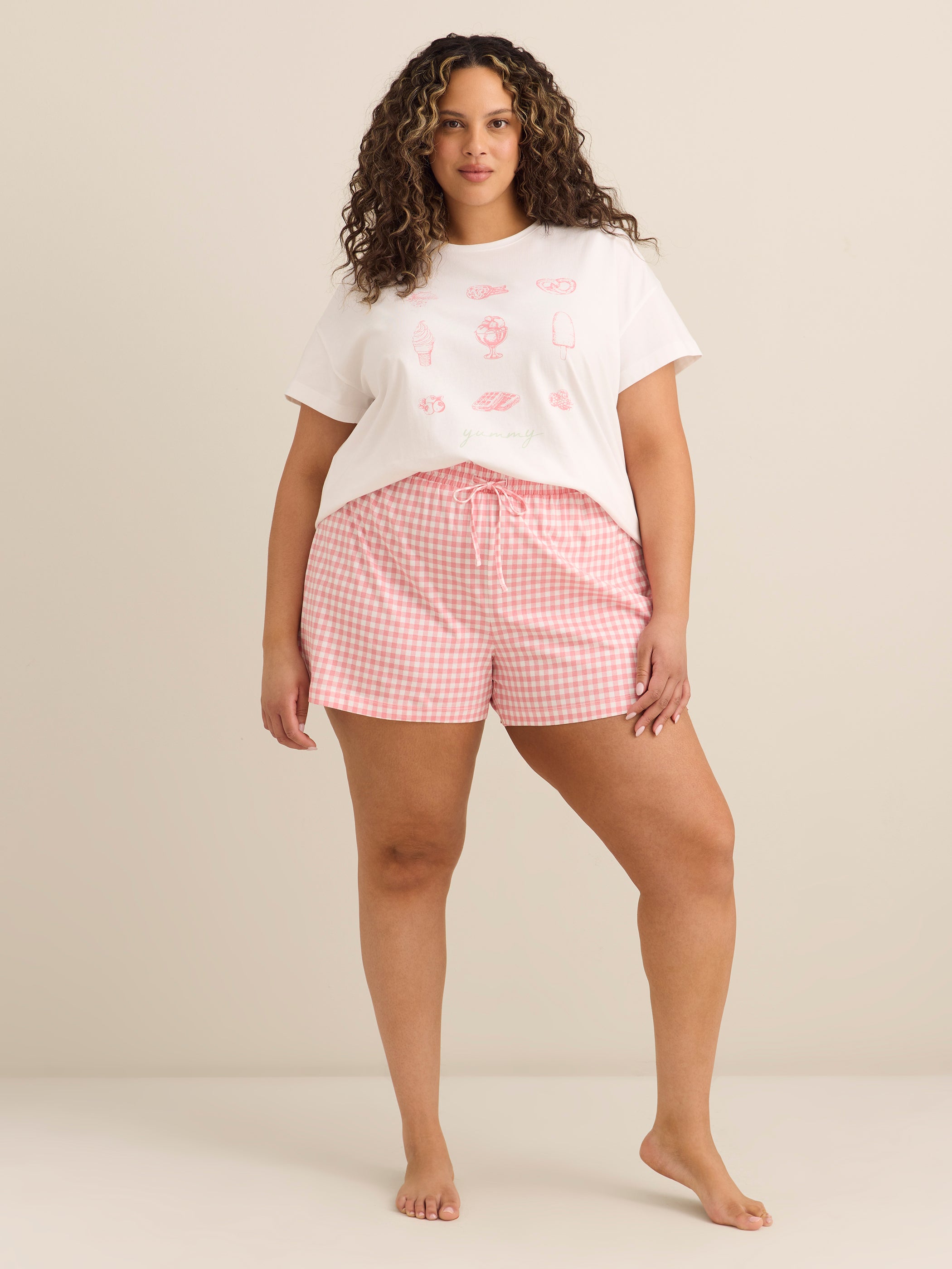 White and Pink T-Shirt and Plaid Boxer Pyjama Set - ti Voglio