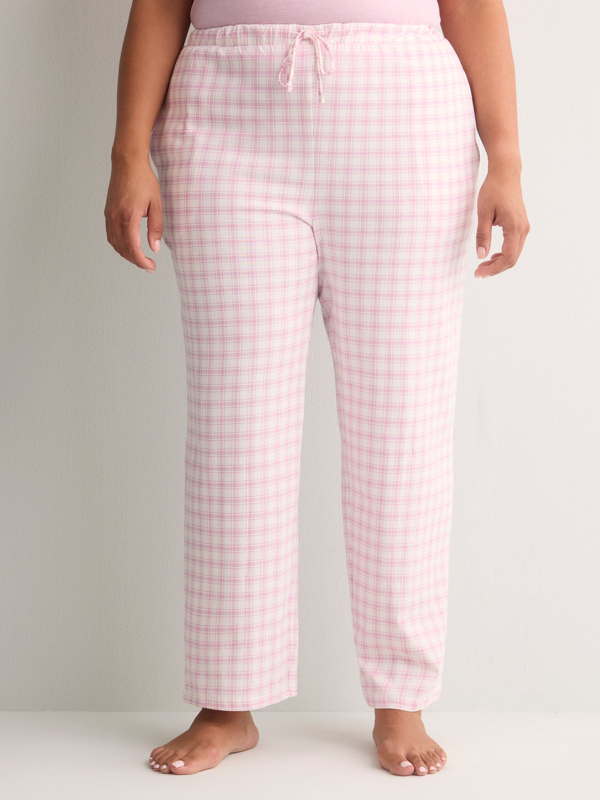 White and Pink Plaid Cotton Knit Wide-Leg Pyjama Pant - tiVOGLIO
