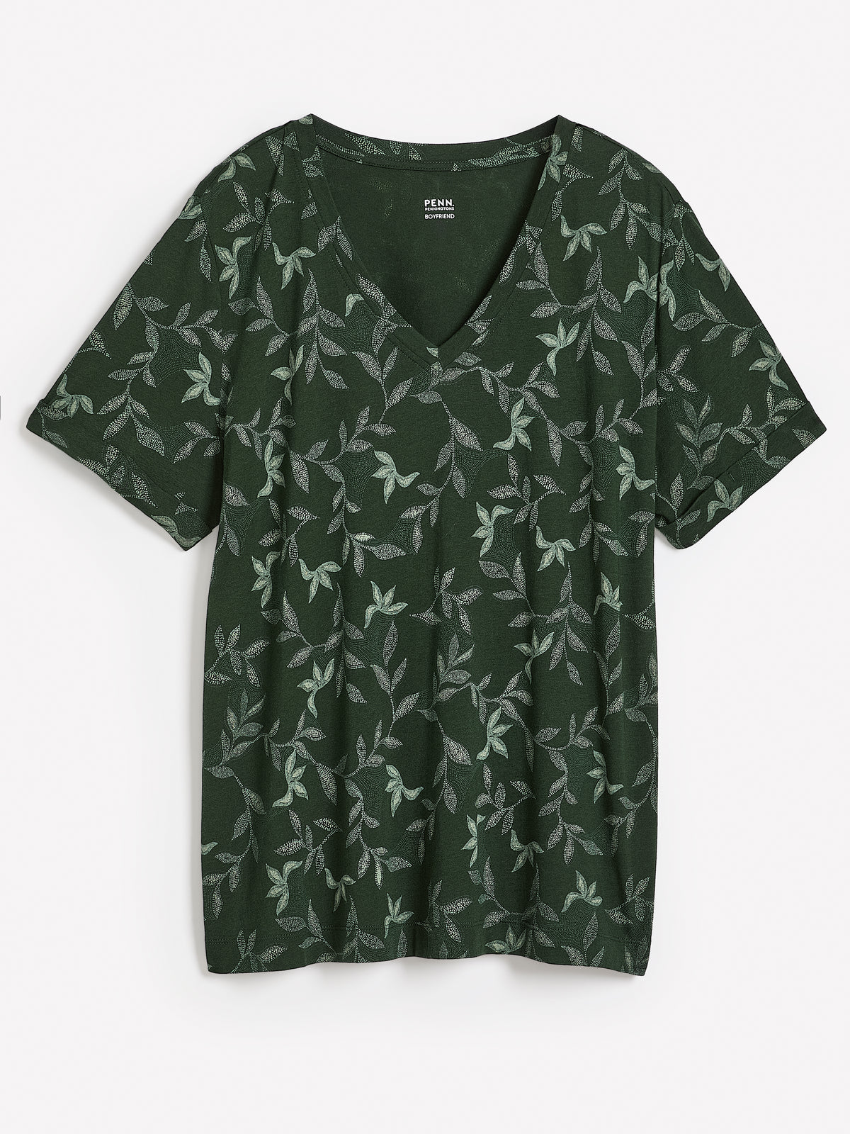 Responsible, Green Leaf-Print Boyfriend-Fit V-Neck Tee with Slits