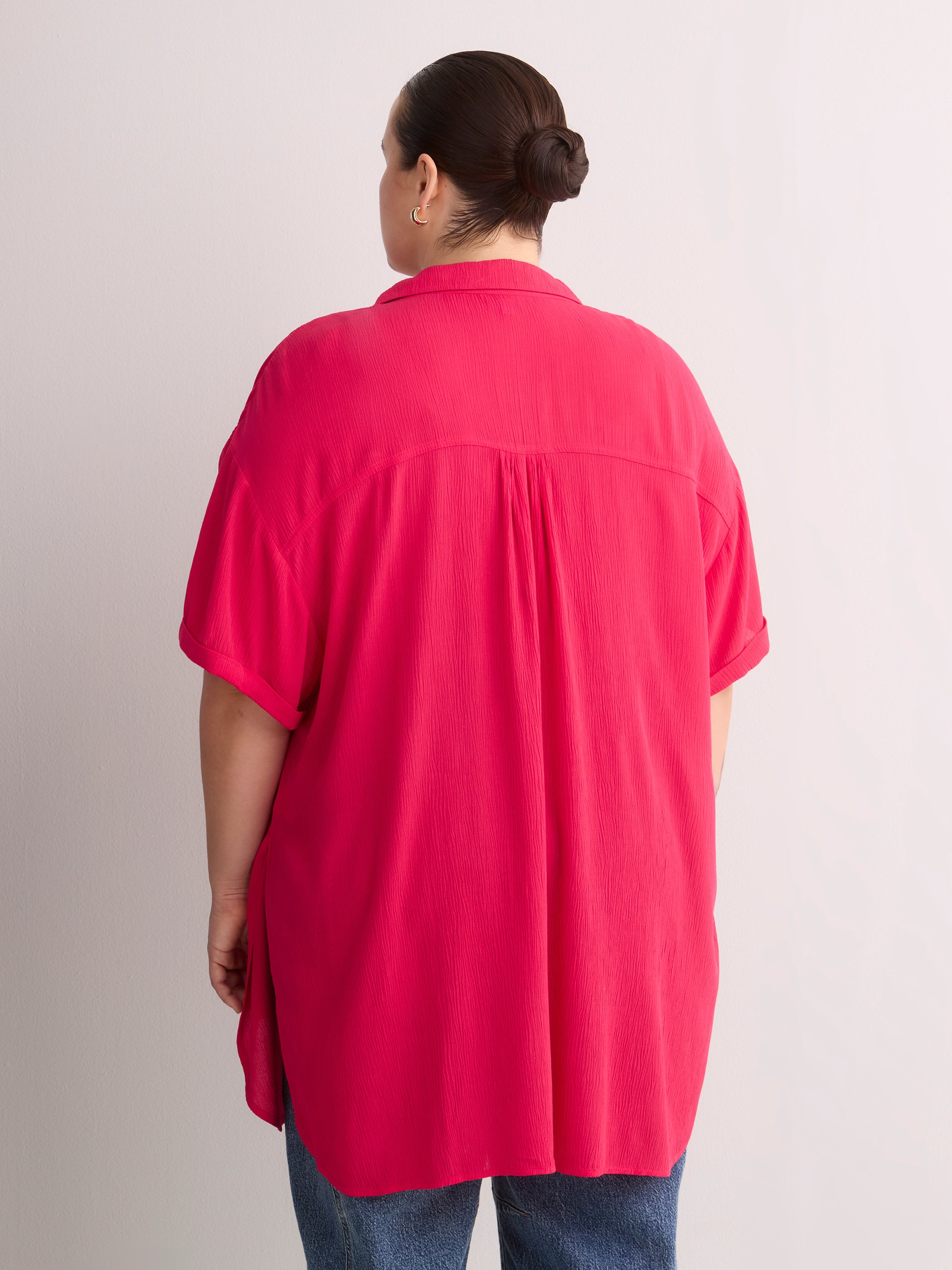 Loose-Fit Short-Sleeve Crinkle Buttoned-Down Tunic
