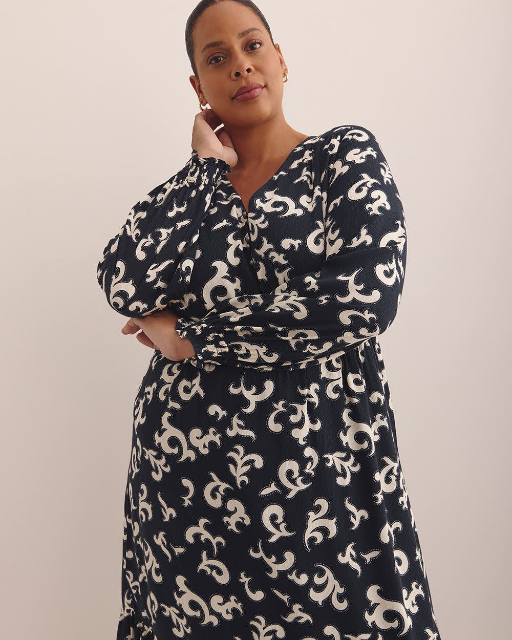 Long-Sleeve Midi Dress with Tiered Skirt