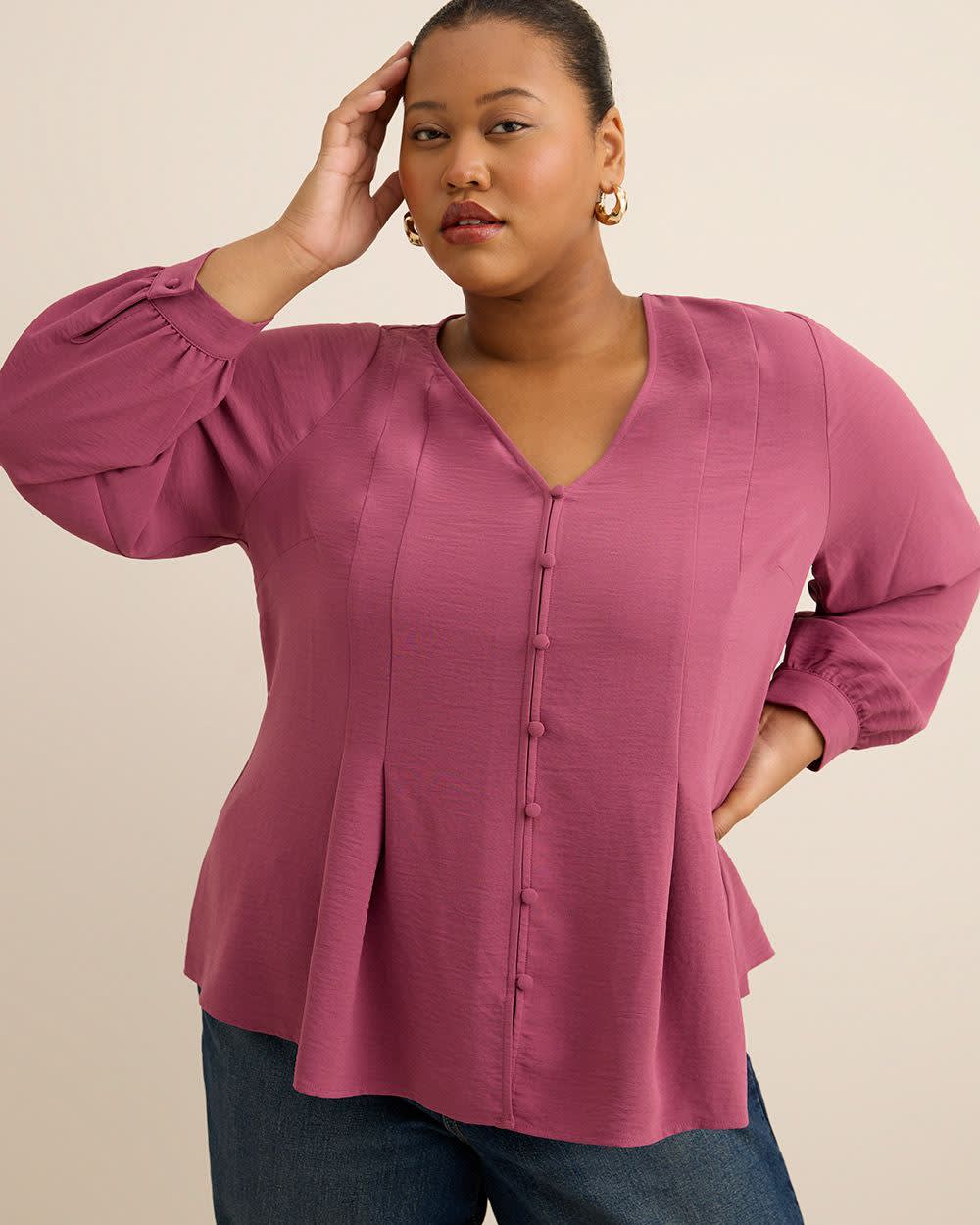 Long-Sleeve Flared Pleated Satin Blouse