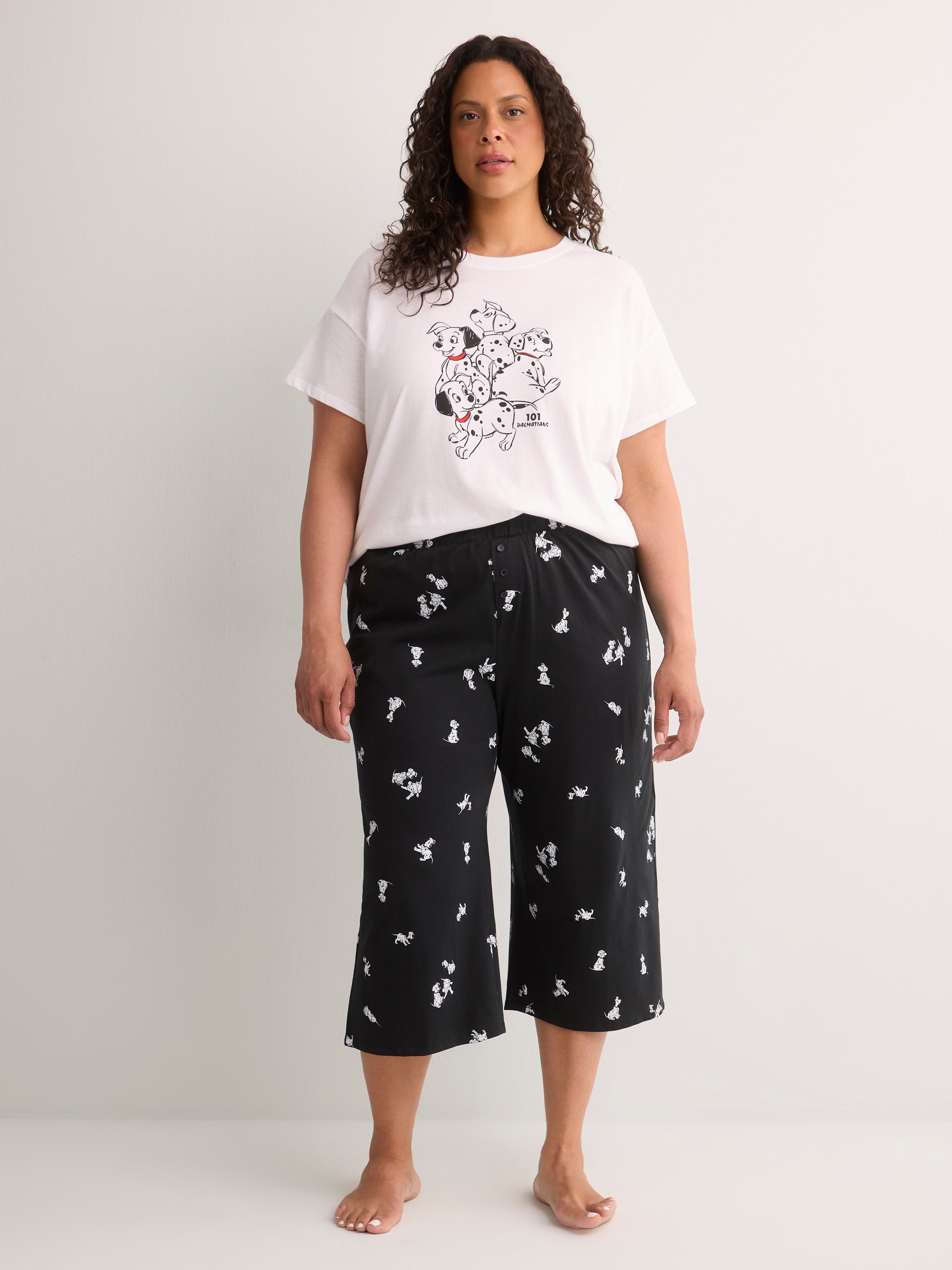 Black Cotton Knit Capri Pyjama Pant with Dalmatian Print - Disney