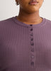 Straight Elbow-Sleeve Plum Pointelle Knit Henley Top