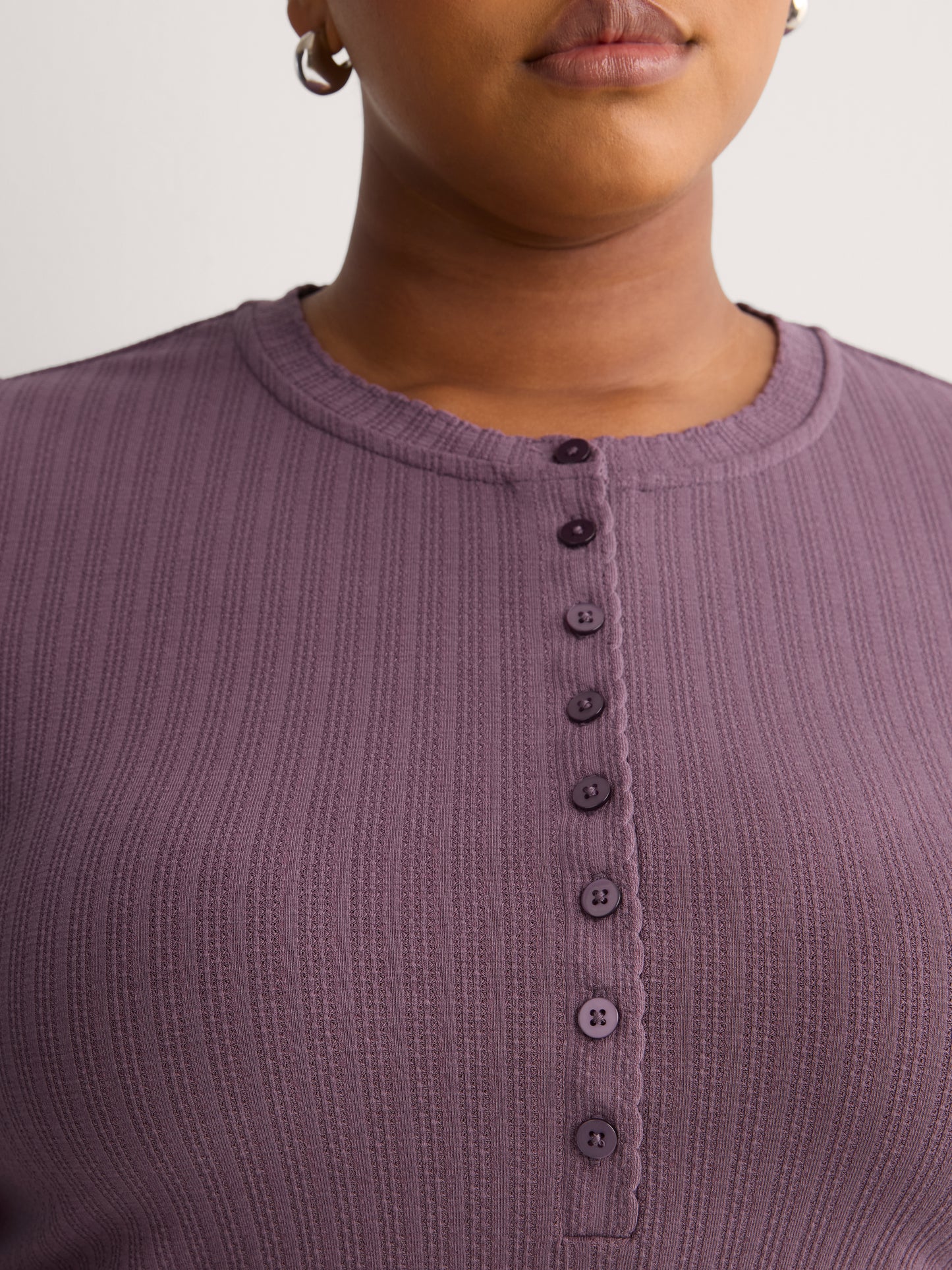 Straight Elbow-Sleeve Plum Pointelle Knit Henley Top