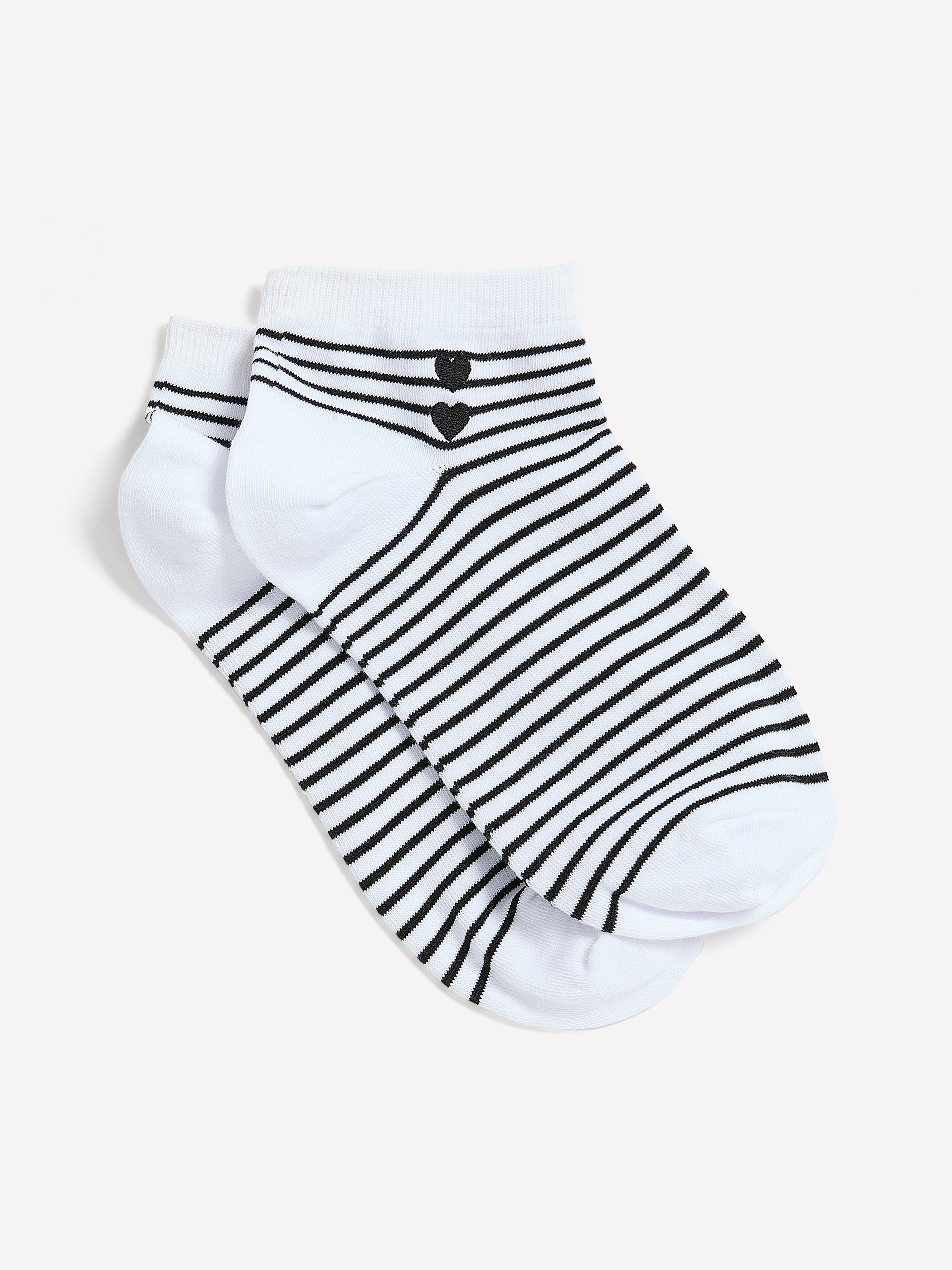 Black and White Striped Ankle Socks with Double Heart Embroidery