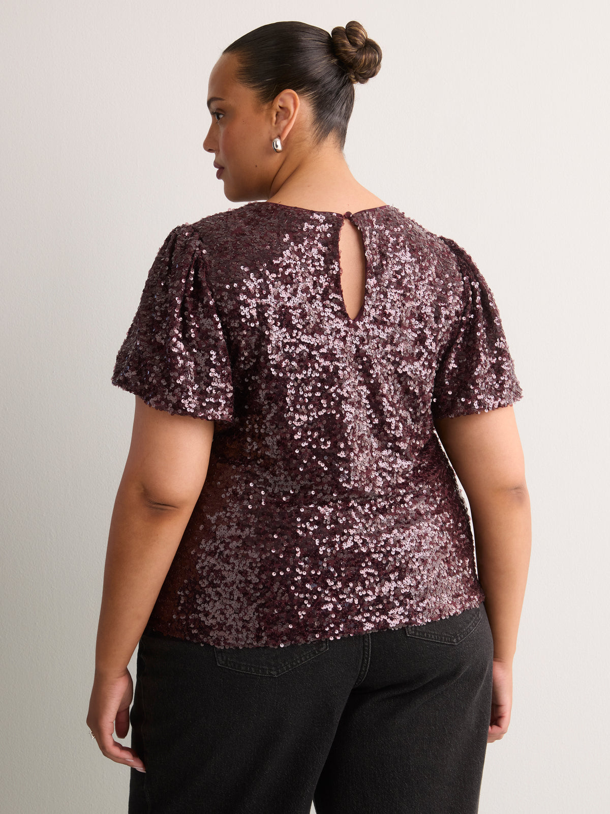 Straight Bubble-Sleeve Sequin Top