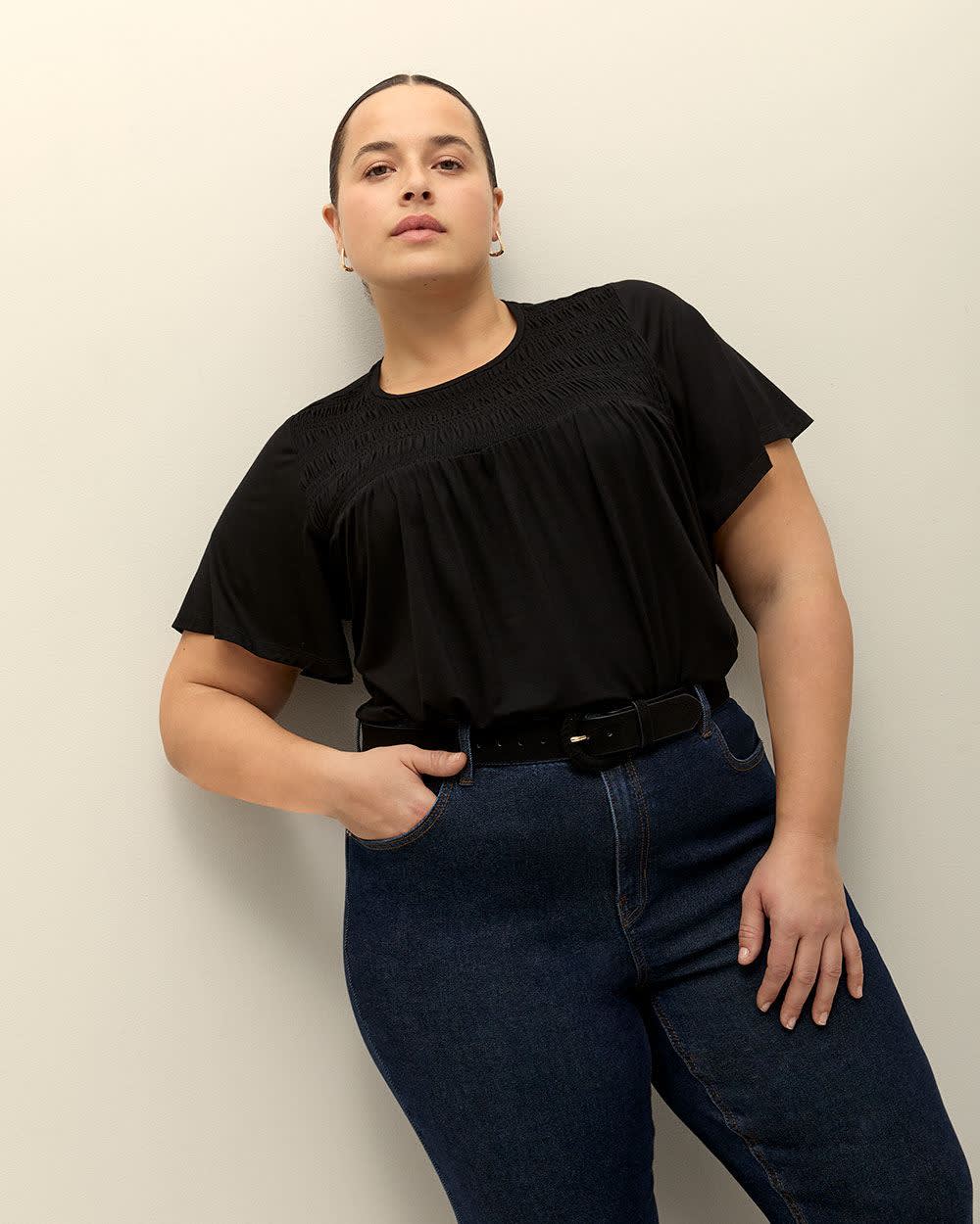 Flutter-Sleeve Knit Top with Smocked Detail