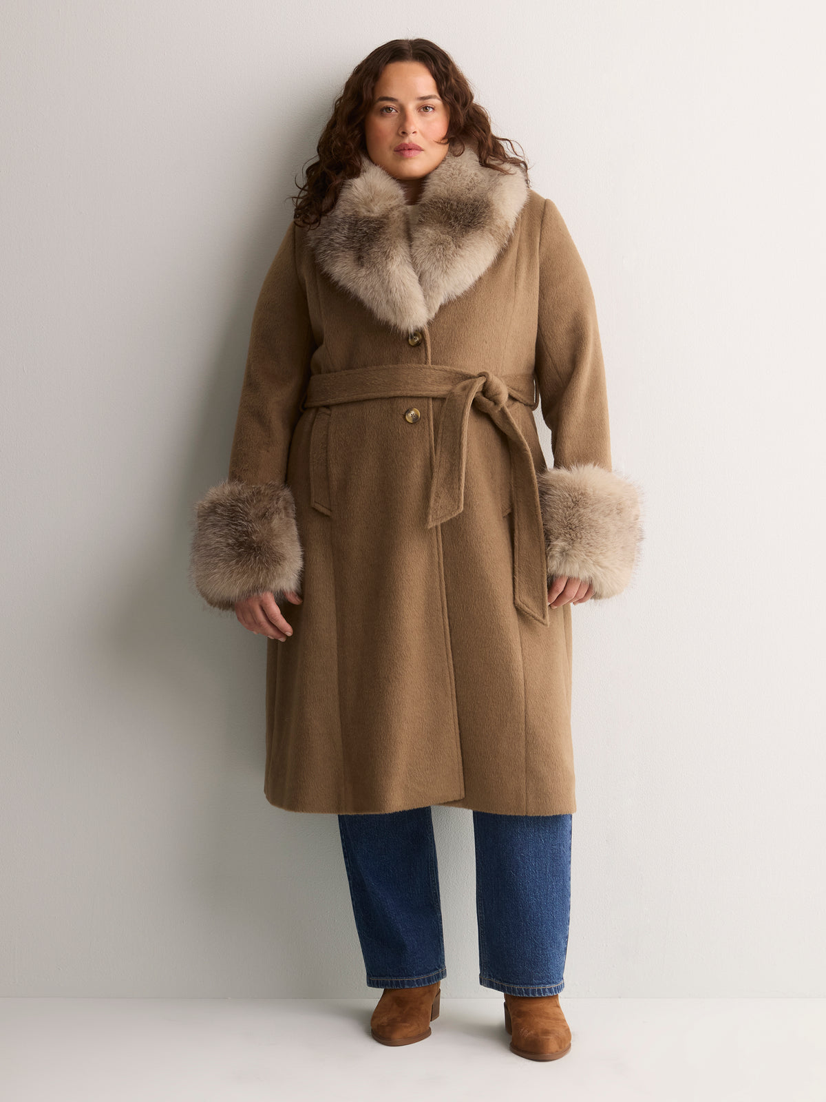 Long Belted Coat with Faux-Fur Collar and Cuffs