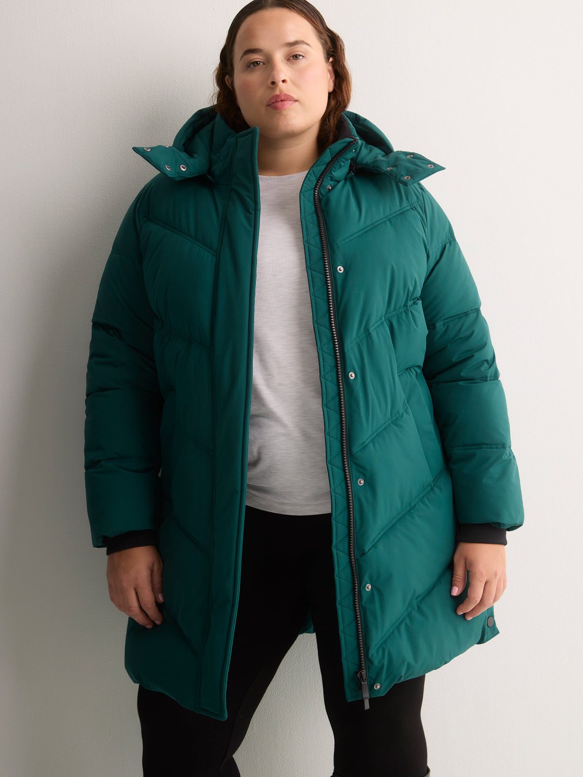 Black Hooded Knee-Length Stretch Puffer Jacket