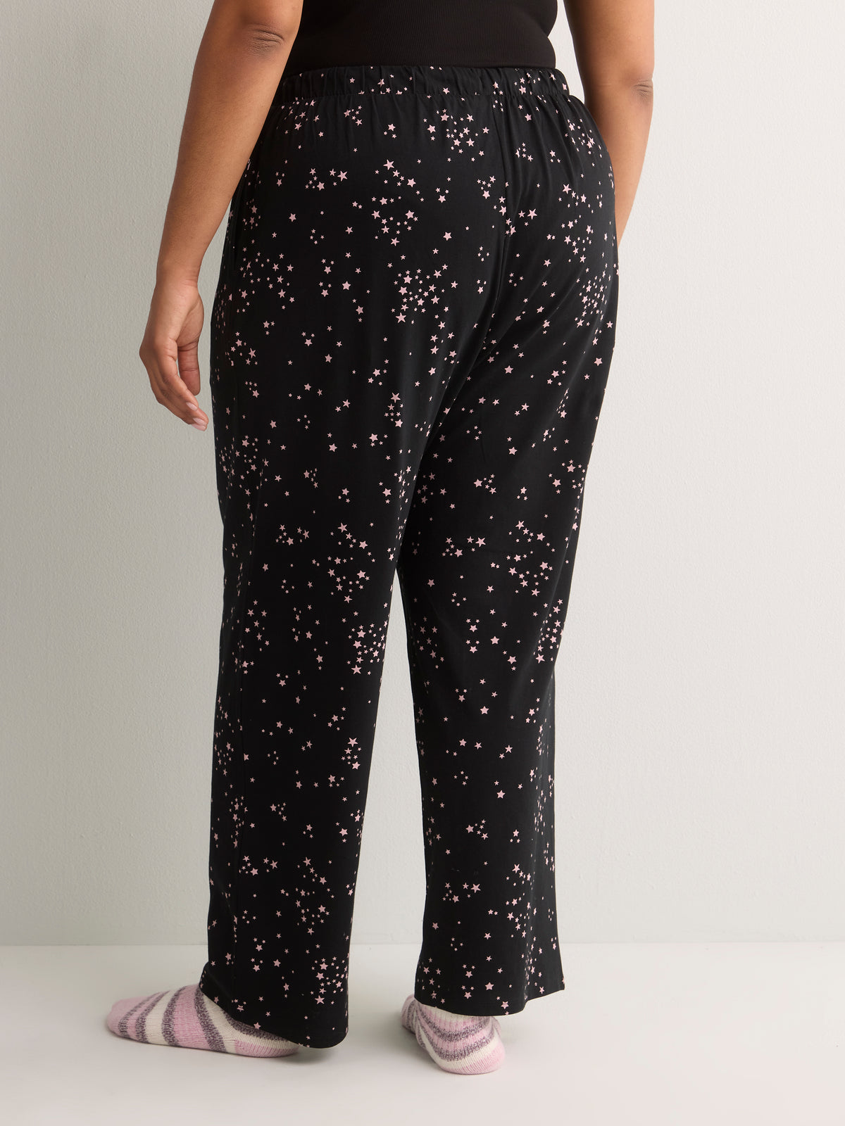 Black Star-Print Cotton Knit Wide-Leg Pyjama Pant - tiVOGLIO