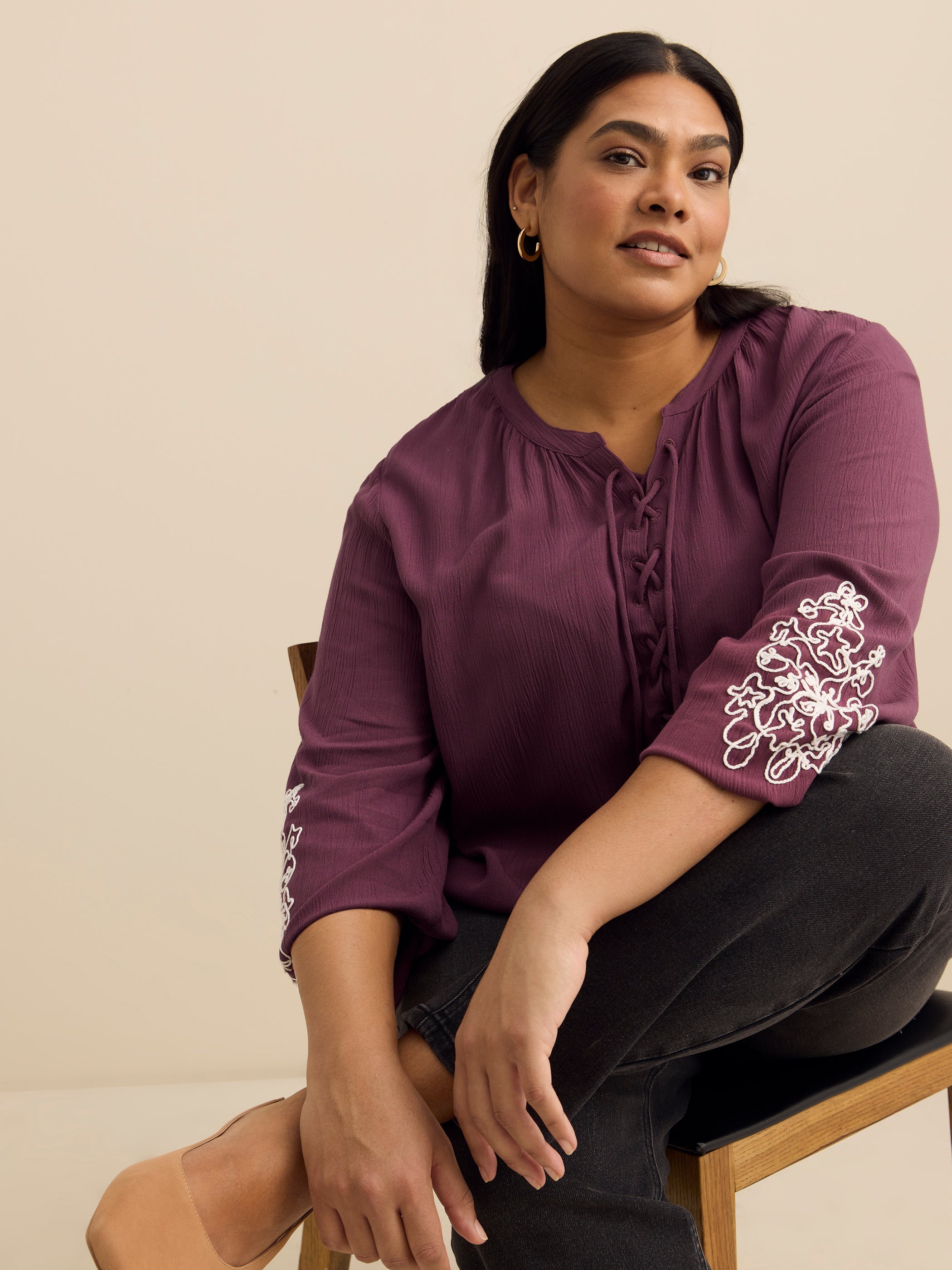 Blouse évasée boho à manches longues brodées