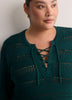 Straight Lace-Up Crew Neck Combed Knit Sweater