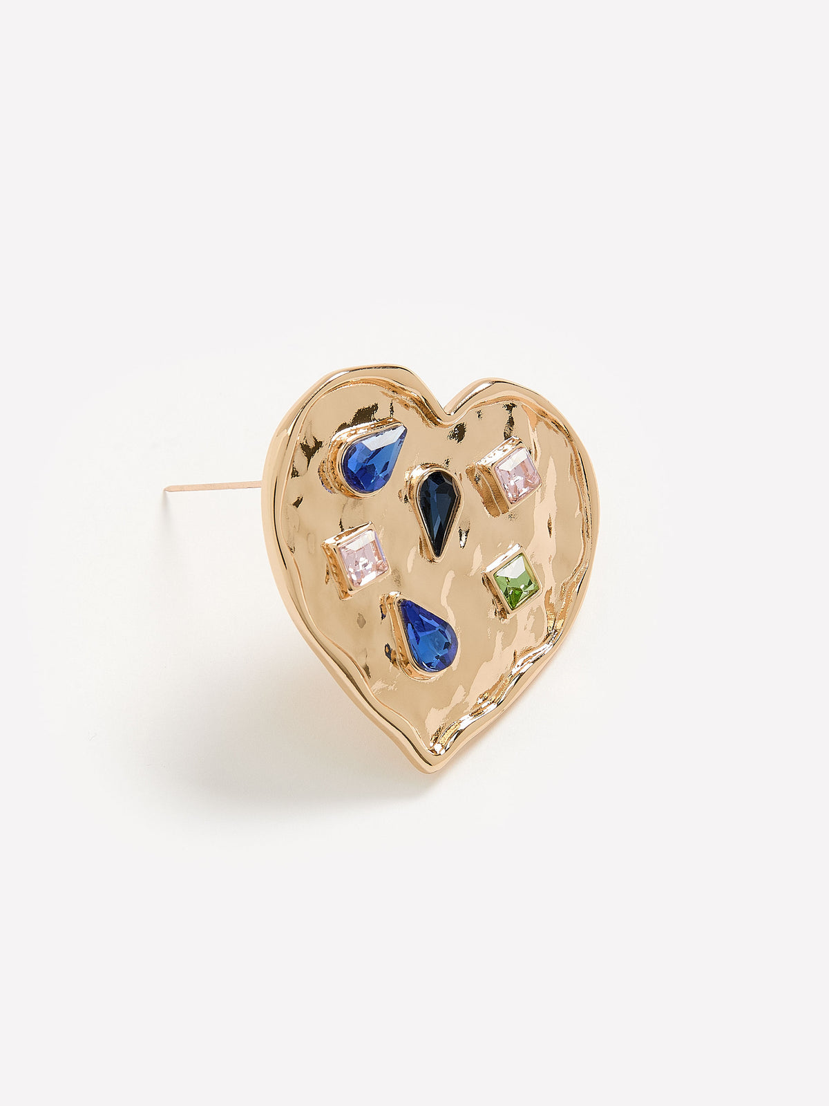Hammered Golden Heart-Shape Brooch with Stones