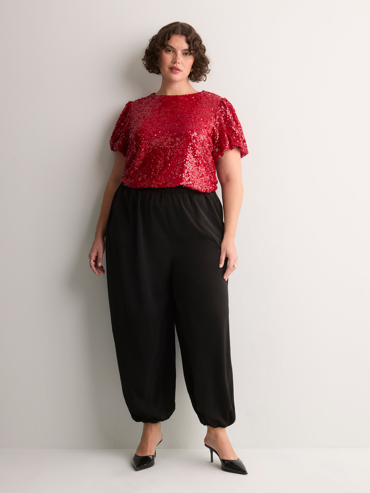 Straight Bubble-Sleeve Sequin Top