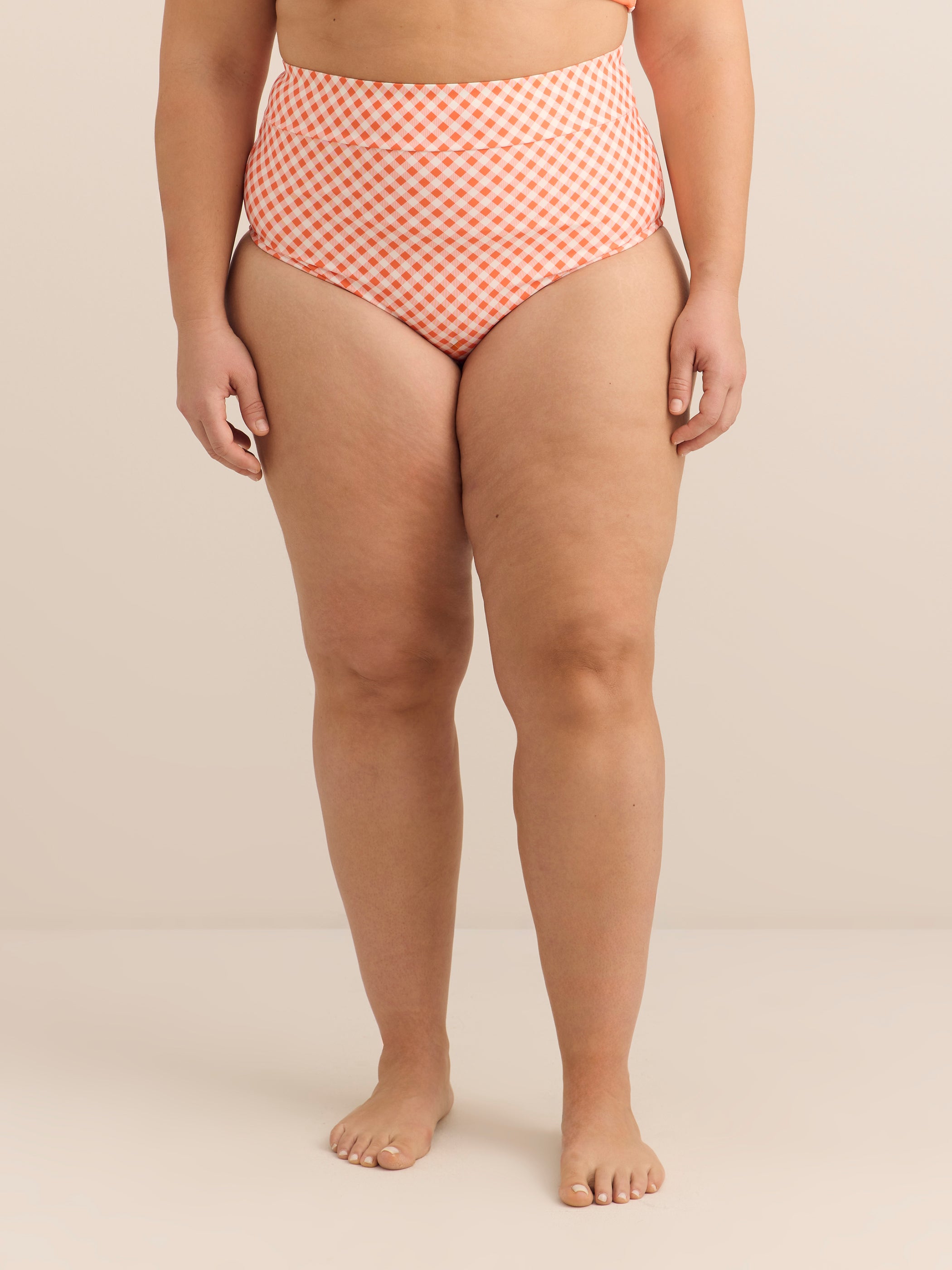 Coral Gingham High-Waist Swim Brief