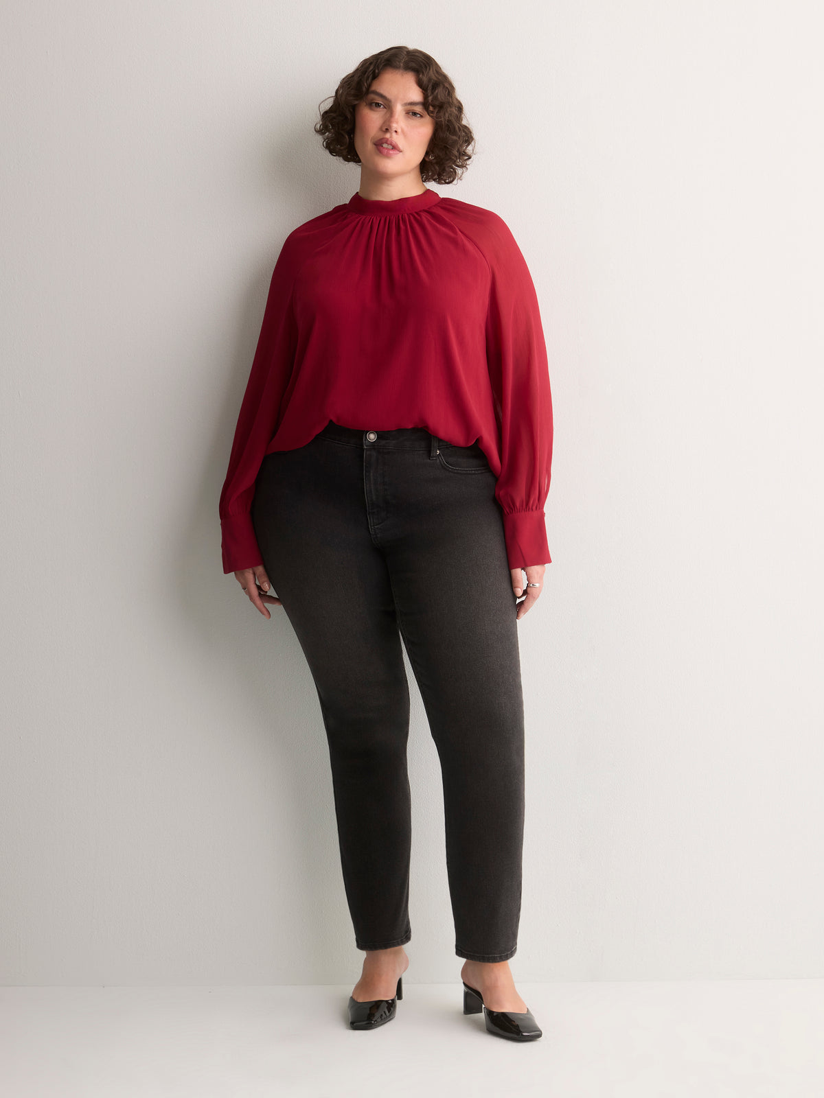 Chiffon Shirred Mock-Neck A-Line Blouse