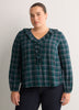 Plaid Ruffled V-Neck Pintuck Swing Blouse