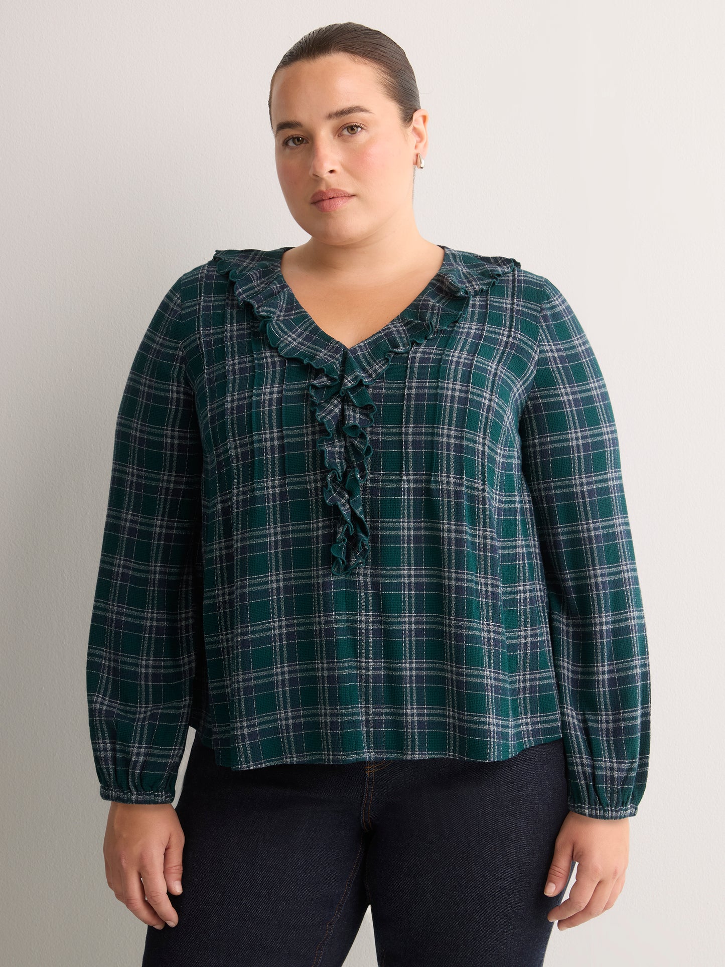 Plaid Ruffled V-Neck Pintuck Swing Blouse