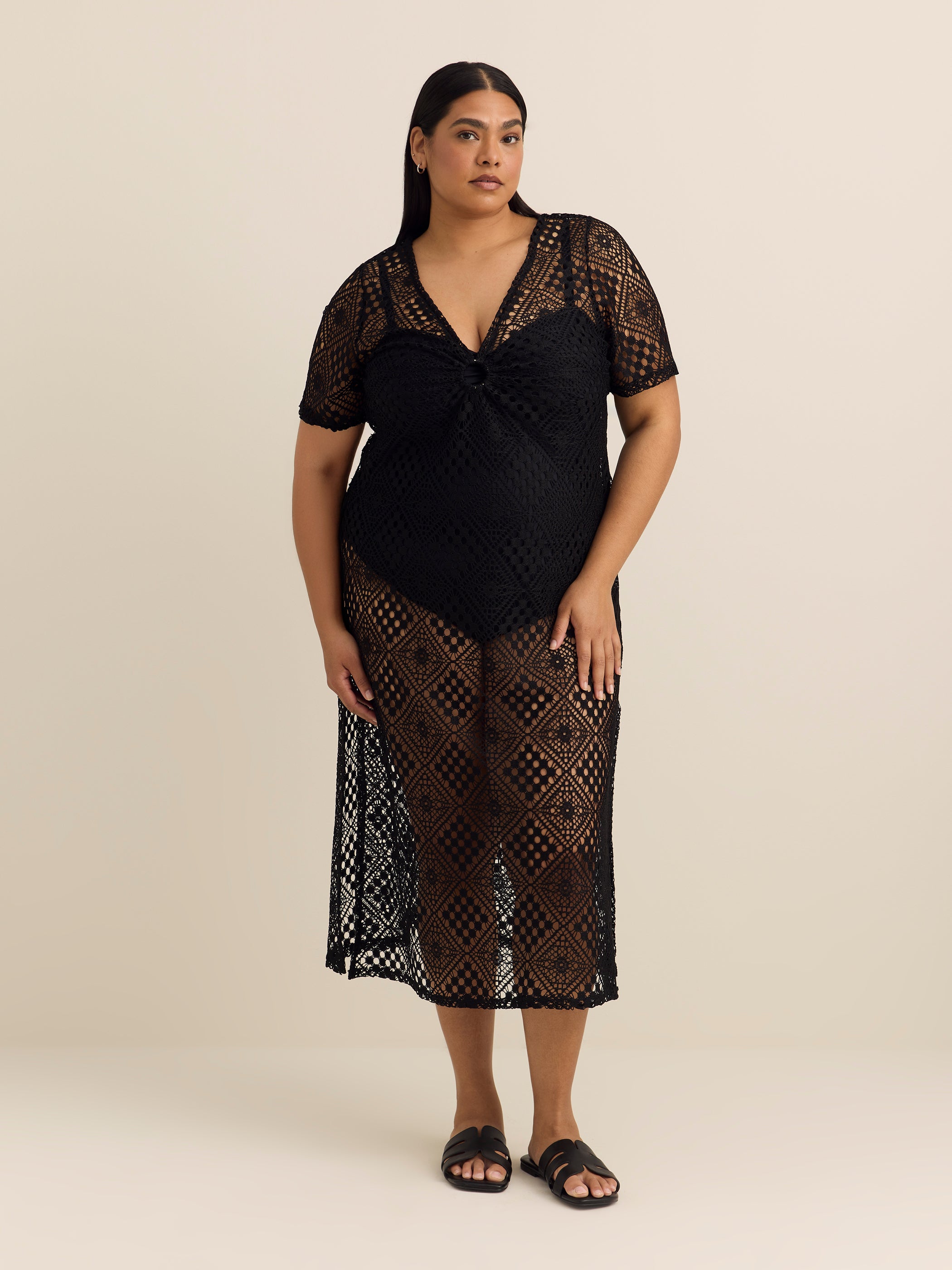 Long Crochet Knit Cover-Up Dress with Keyhole V-Neck - Cover Me